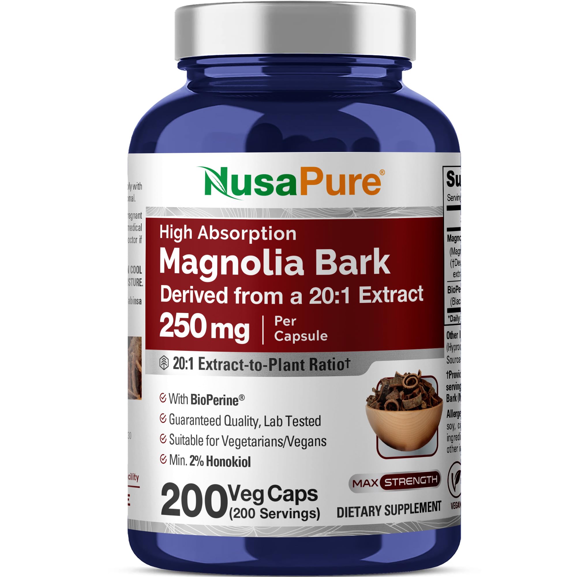 NusaPure Magnolia Bark Cápsulas 250 mg en frasco, práctica para la rutina diaria vegana