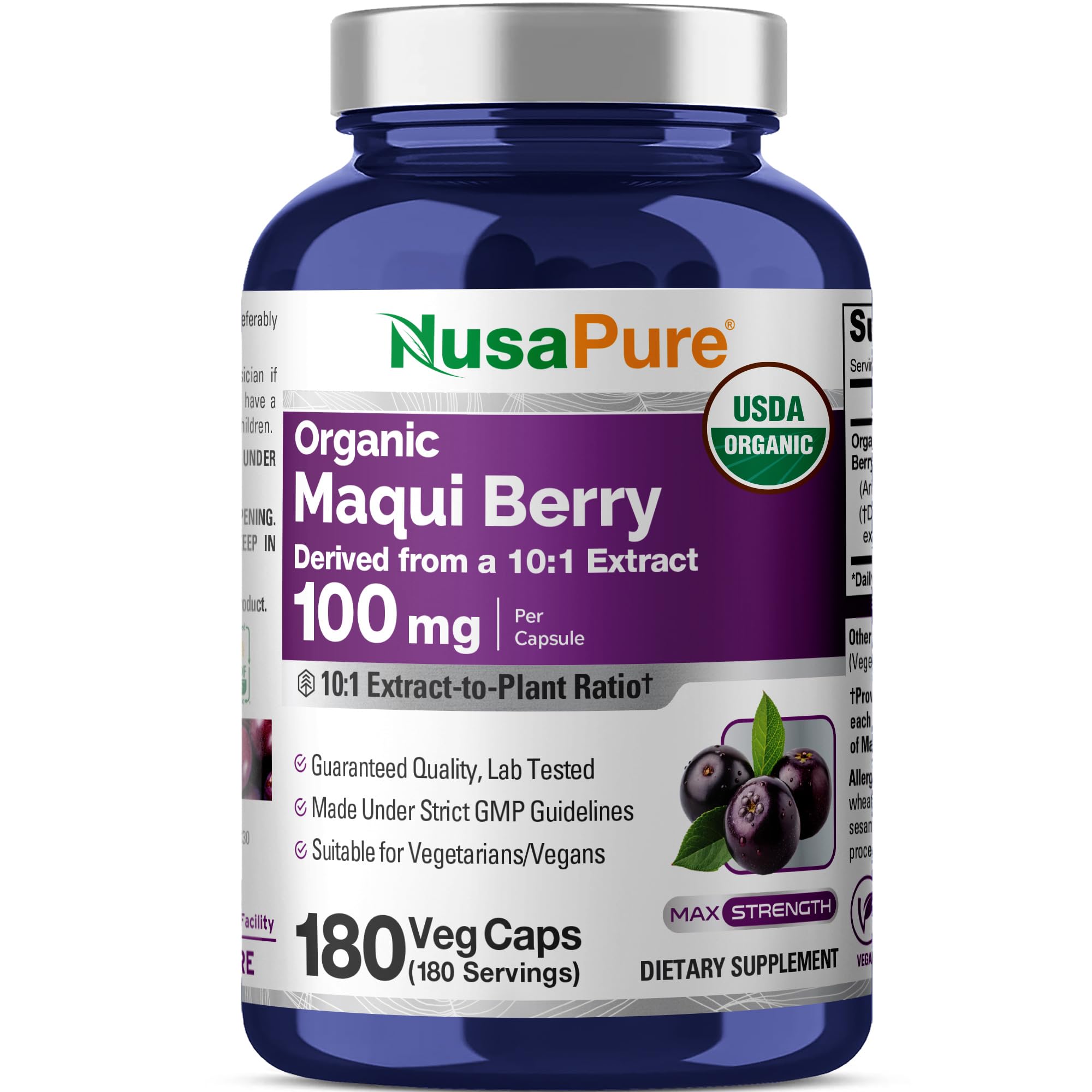 NusaPure Maqui cápsulas 100 mg, botella frontal, opción vegana y orgánica
