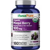 NusaPure Maqui cápsulas 100 mg, botella frontal, opción vegana y orgánica