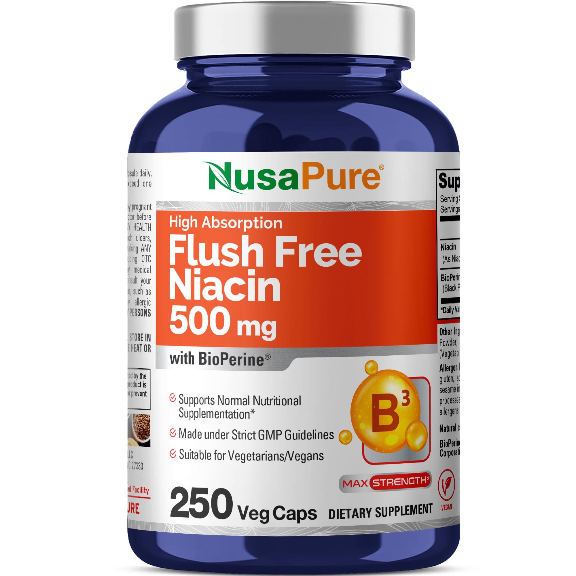 NusaPure Niacina Sin Rubor en bote de cápsulas para rutina vegetariana conveniente.
