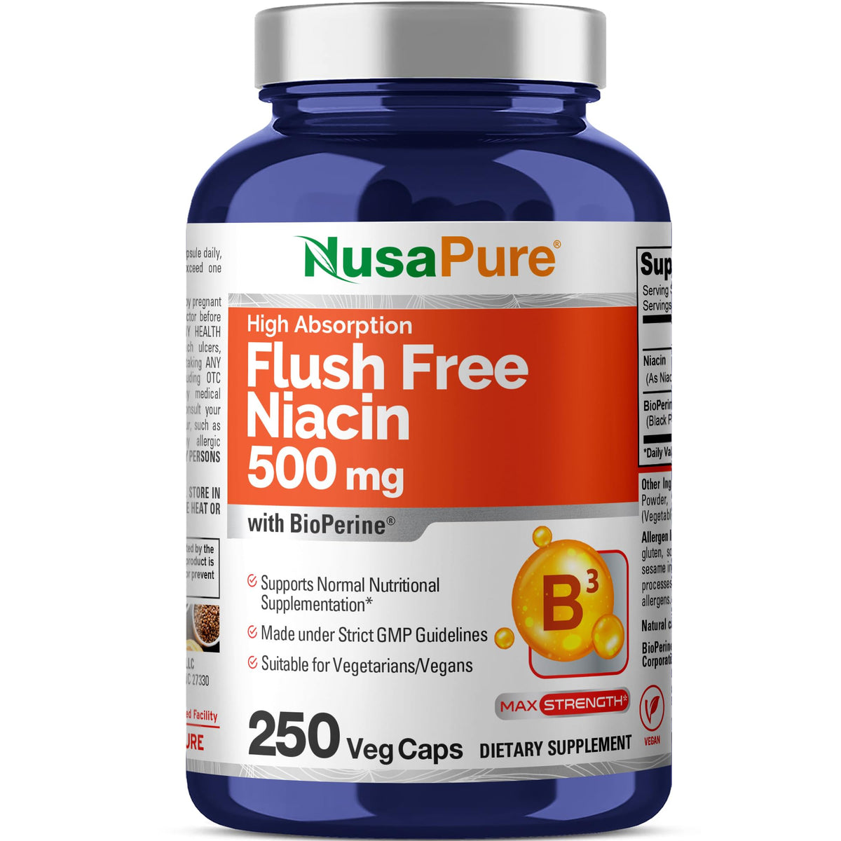 NusaPure Niacina Sin Rubor en bote de cápsulas para rutina vegetariana conveniente.