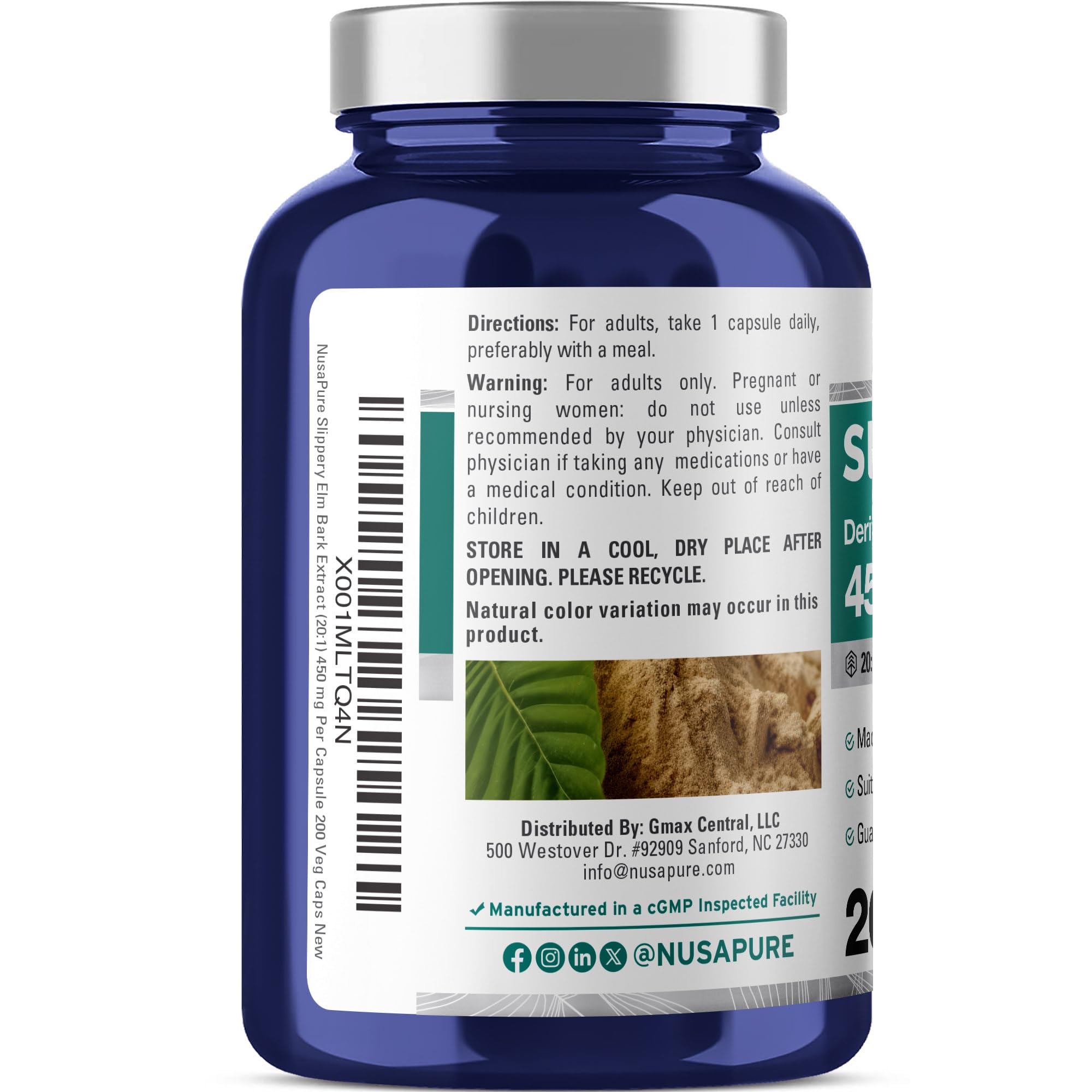 NusaPure Olmo Resbaladizo: cápsulas y porciones, dosis simples para rutina diaria.