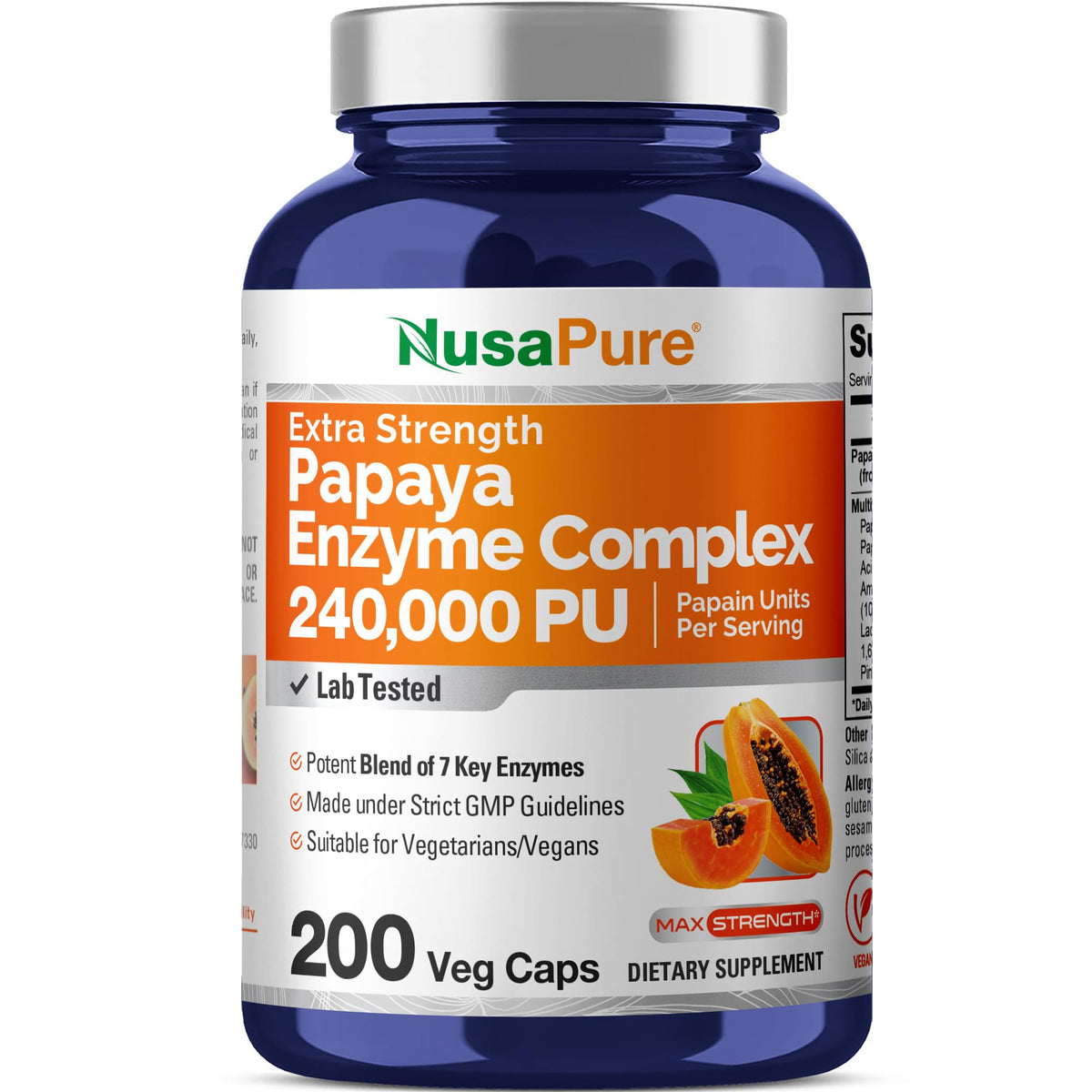 NusaPure Papaya Papain en botella de 200 cápsulas para uso diario