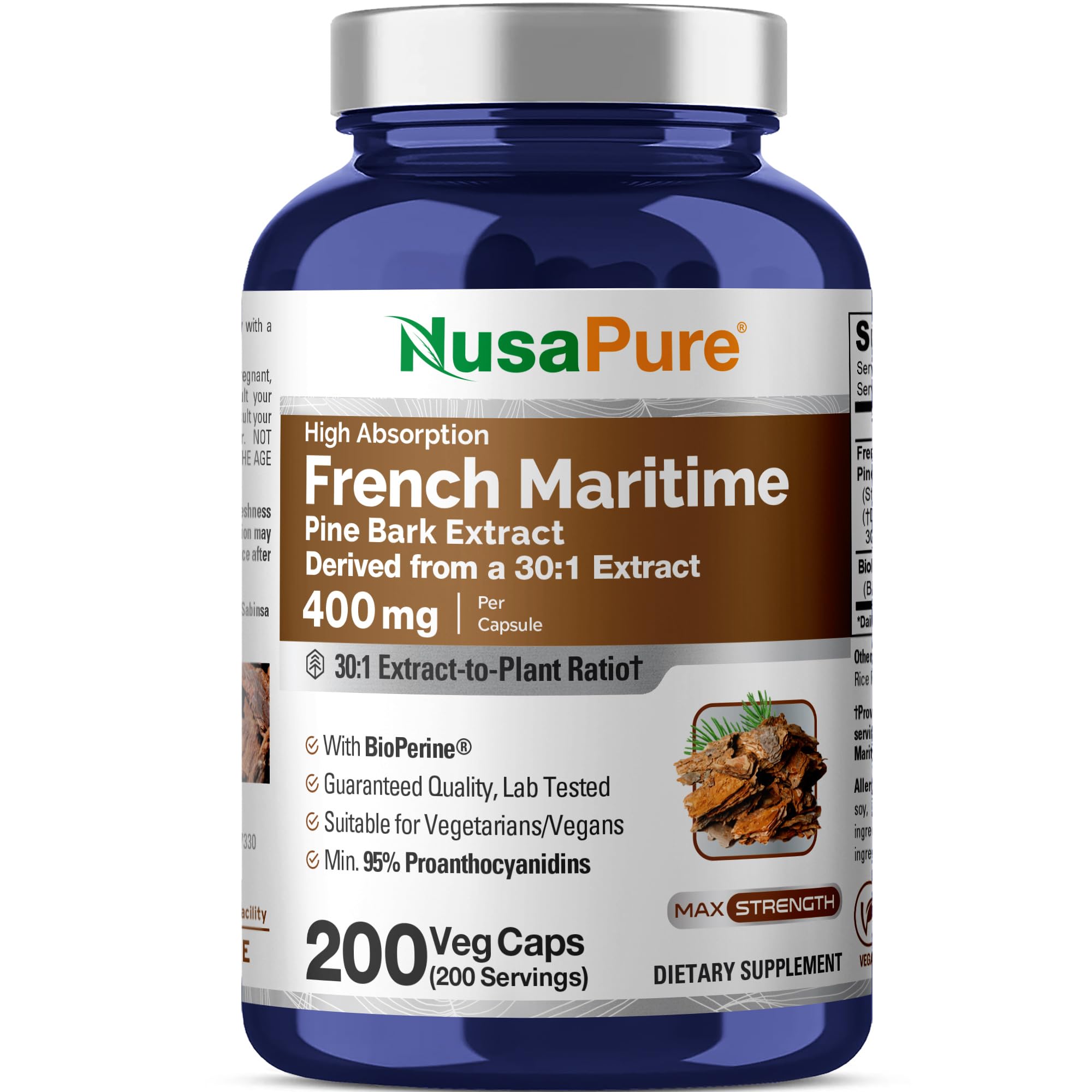 NusaPure pino maritimo frances capsulas en botella de 400 mg para uso diario.