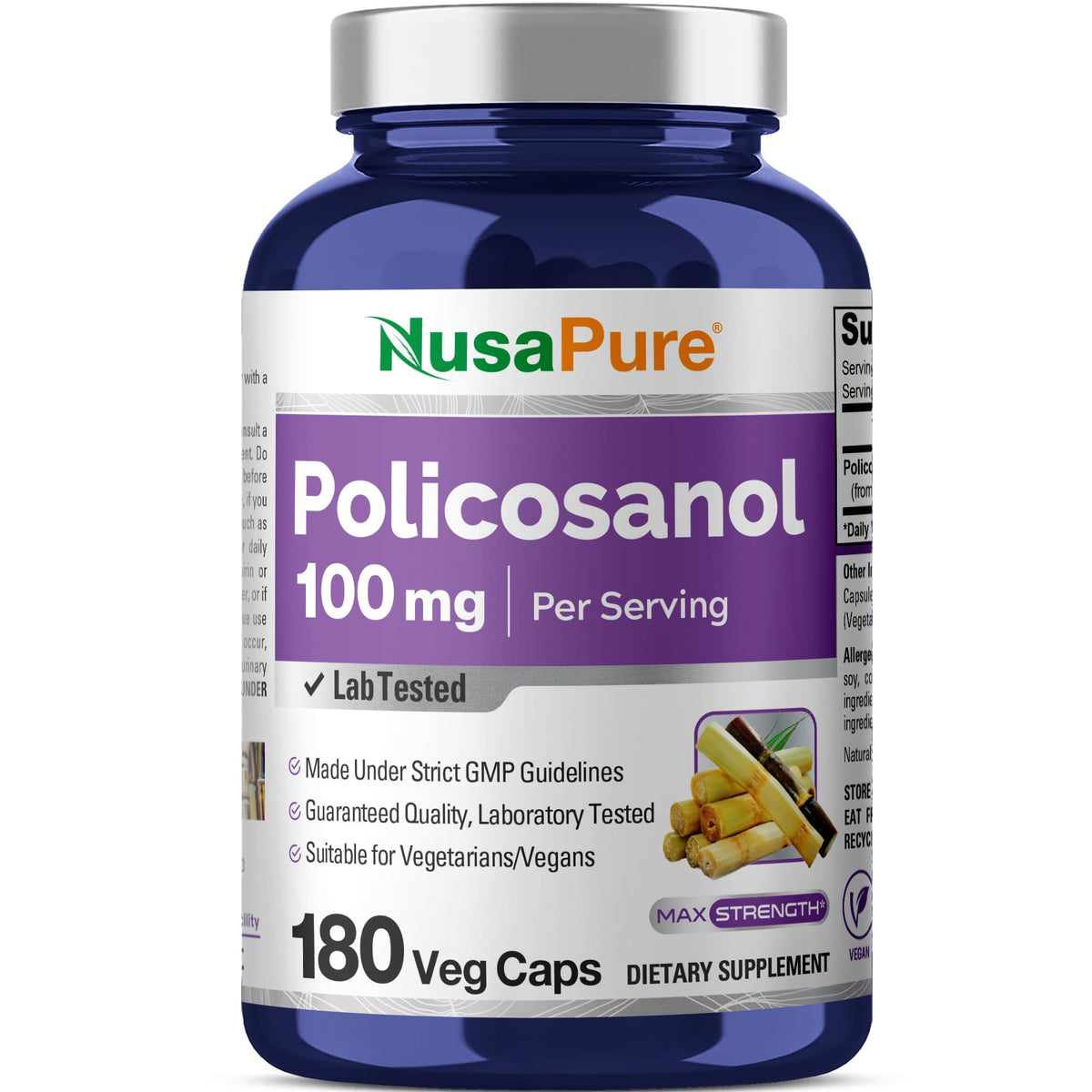 NusaPure Policosanol frasco de cápsulas veganas para uso diario