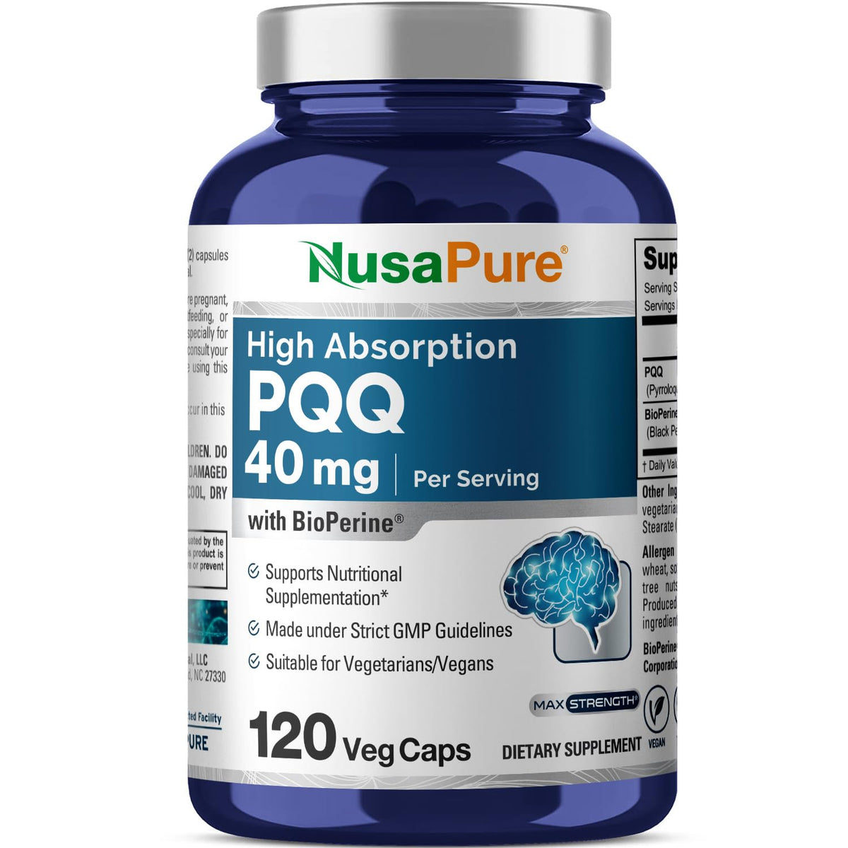 NusaPure PQQ: botella frontal con cápsulas para energía diaria