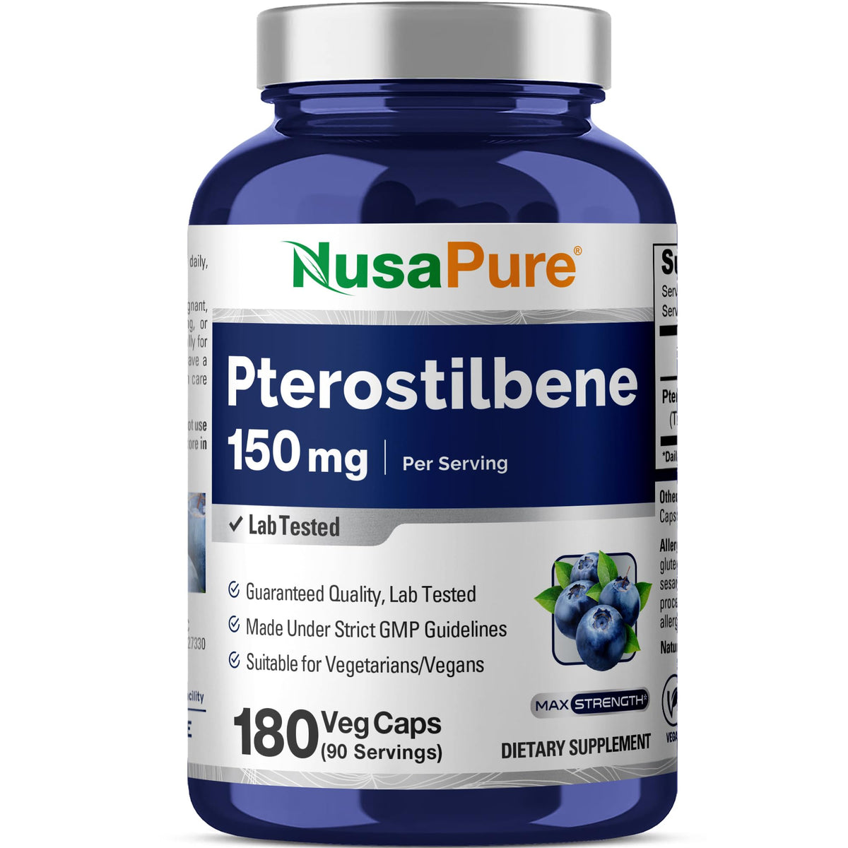 NusaPure Pterostilbeno en botella para uso diario y bienestar.