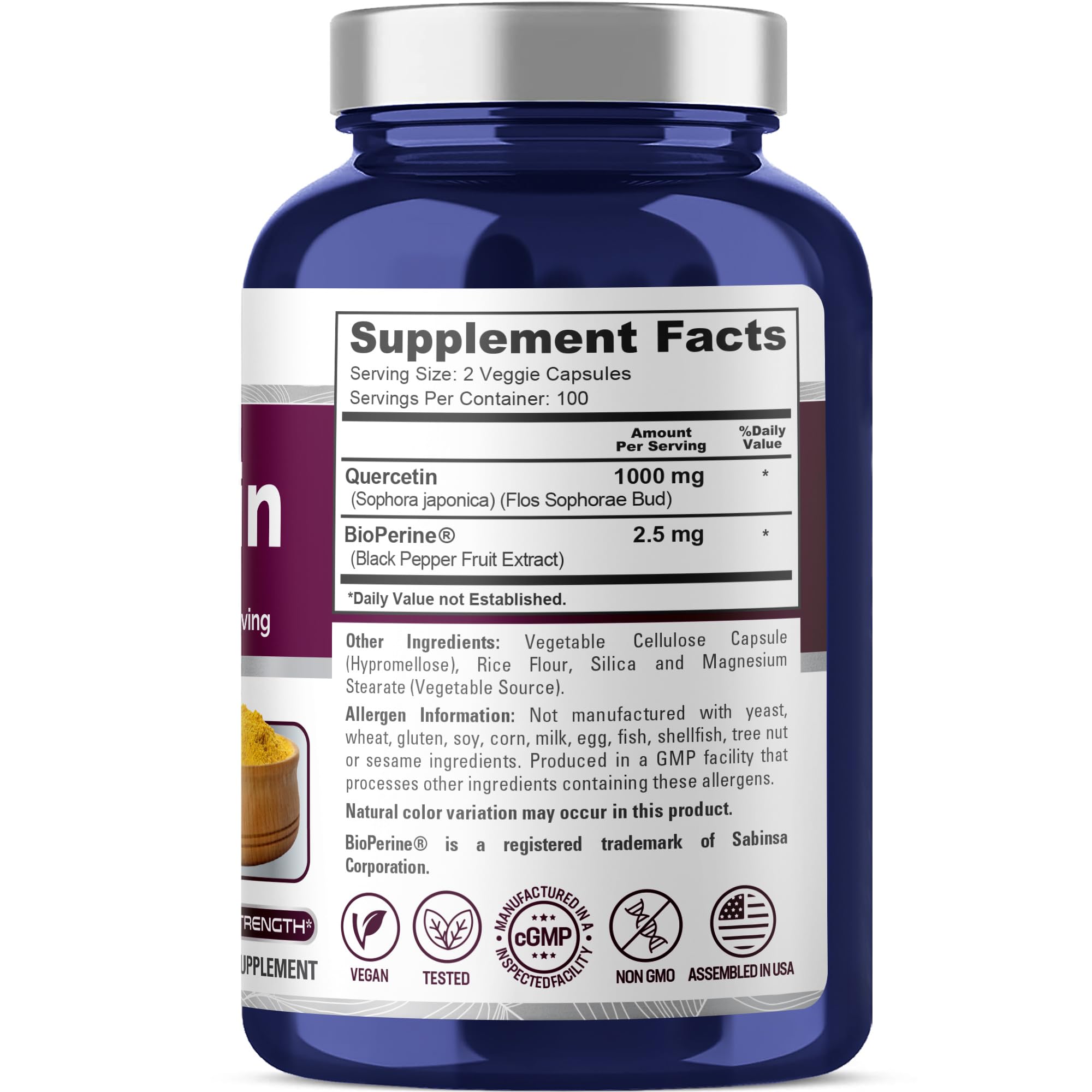 Etiqueta de NusaPure Quercetina: información clara para confirmar ingredientes.