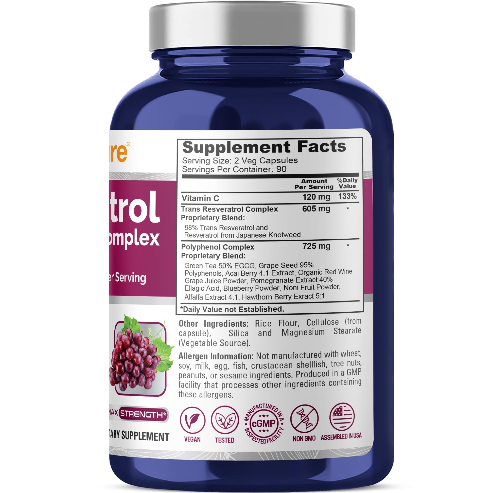 Cápsulas de NusaPure Resveratrol, 180 veganas para una dosis diaria conveniente.