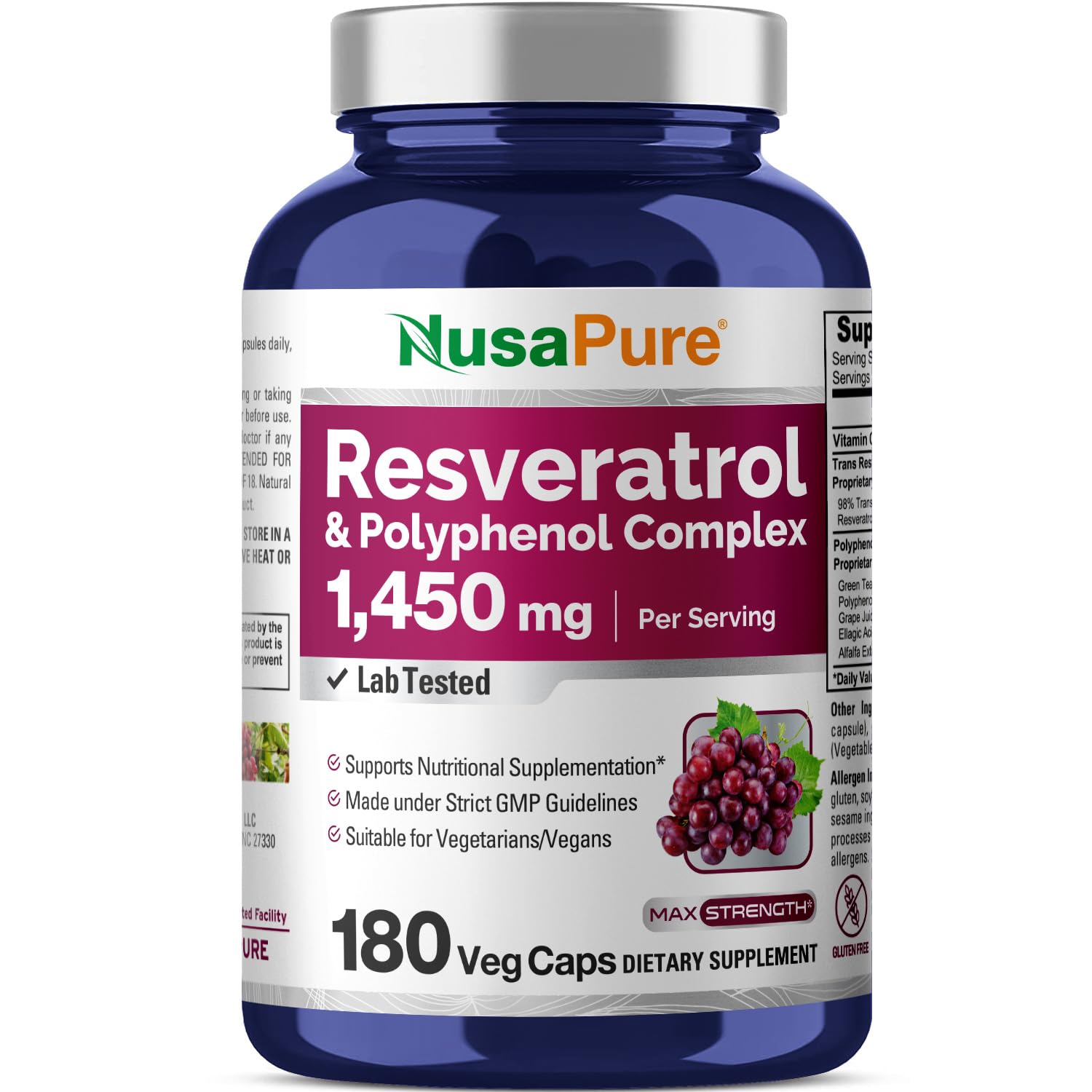 NusaPure Resveratrol y Polyphenol en bote, 180 cápsulas veganas para uso diario.