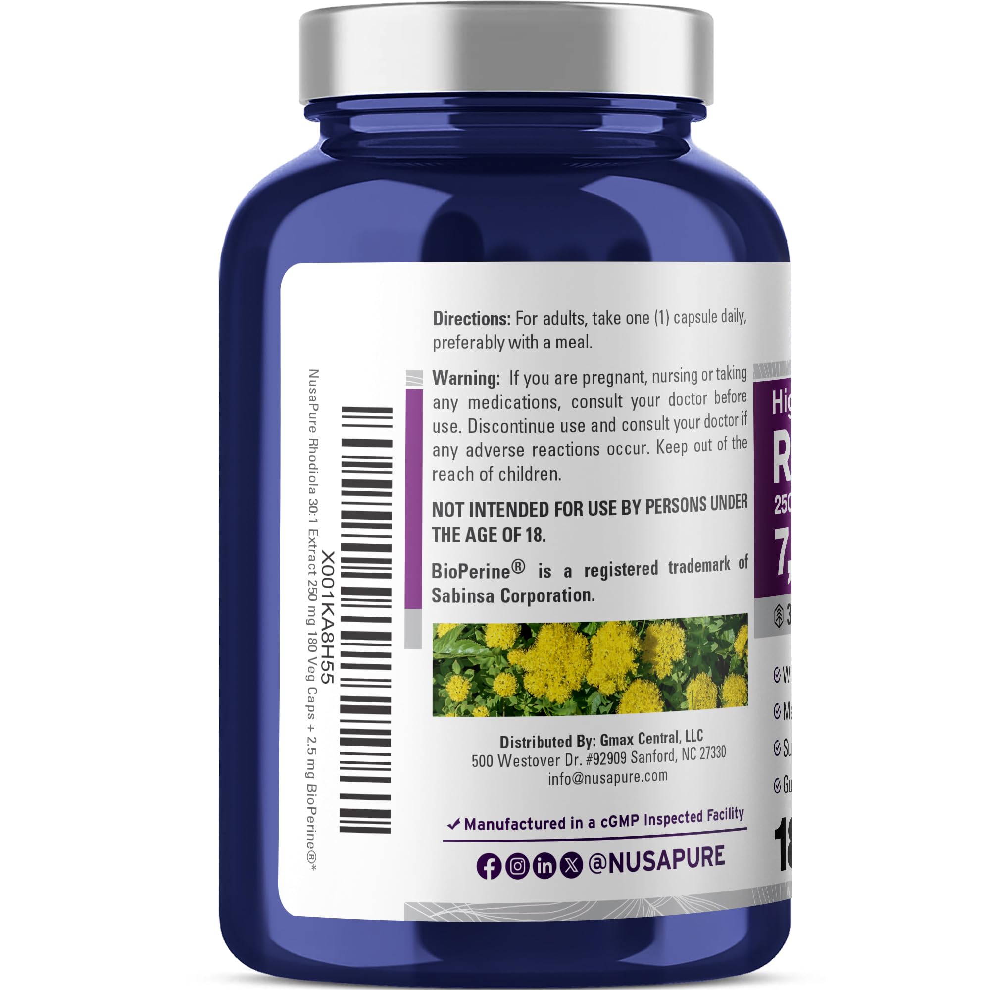 Etiqueta informativa de NusaPure Rhodiola Rosea con datos de extracción y calidad.