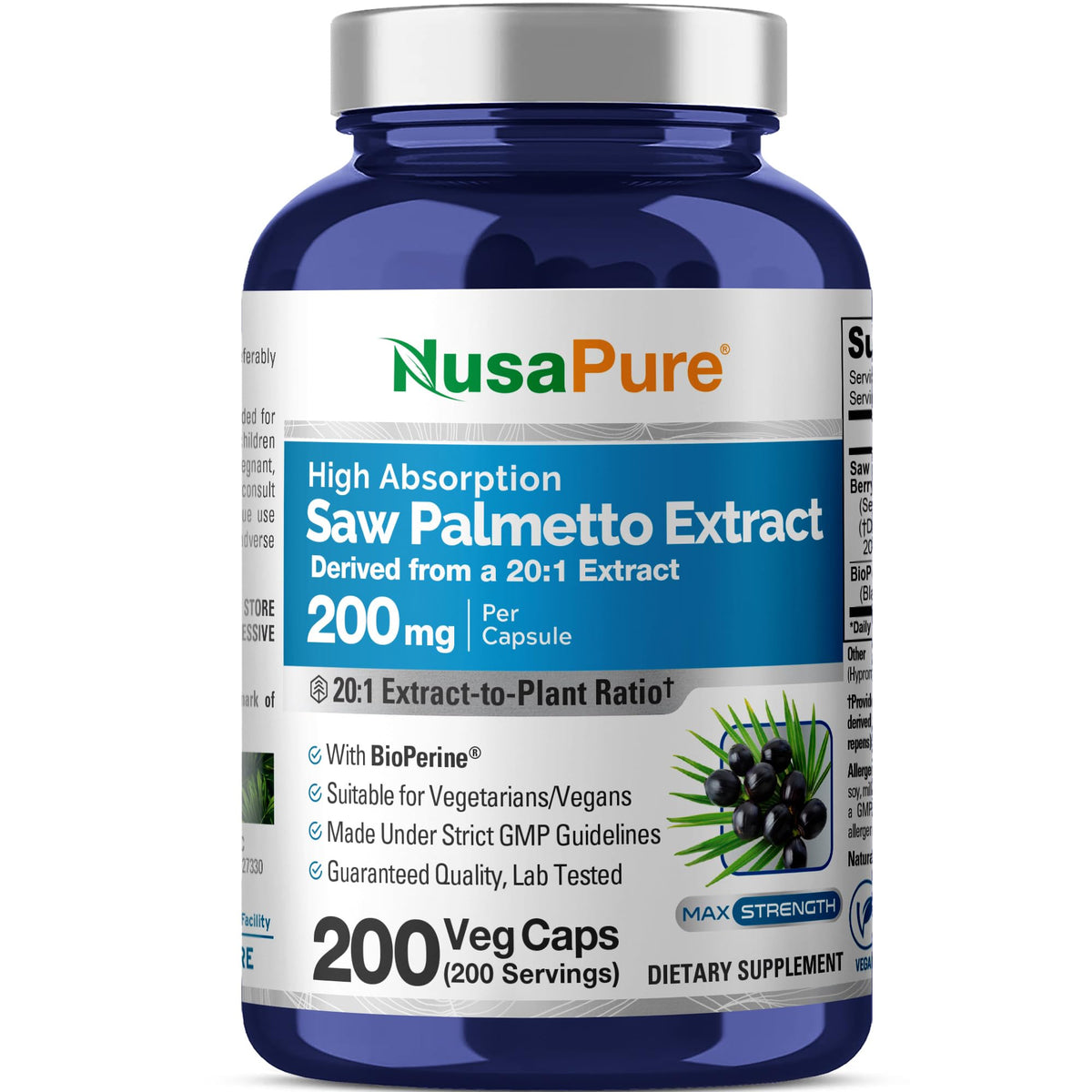 NusaPure Saw Palmetto, botella frontal para almacenamiento cómodo diario.