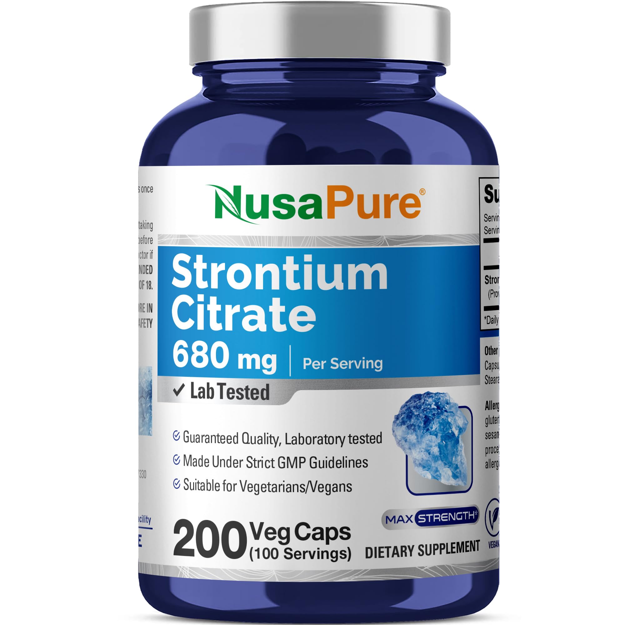 NusaPure Strontium Citrate, frasco de cápsulas vegetales, opción diaria para uso diario