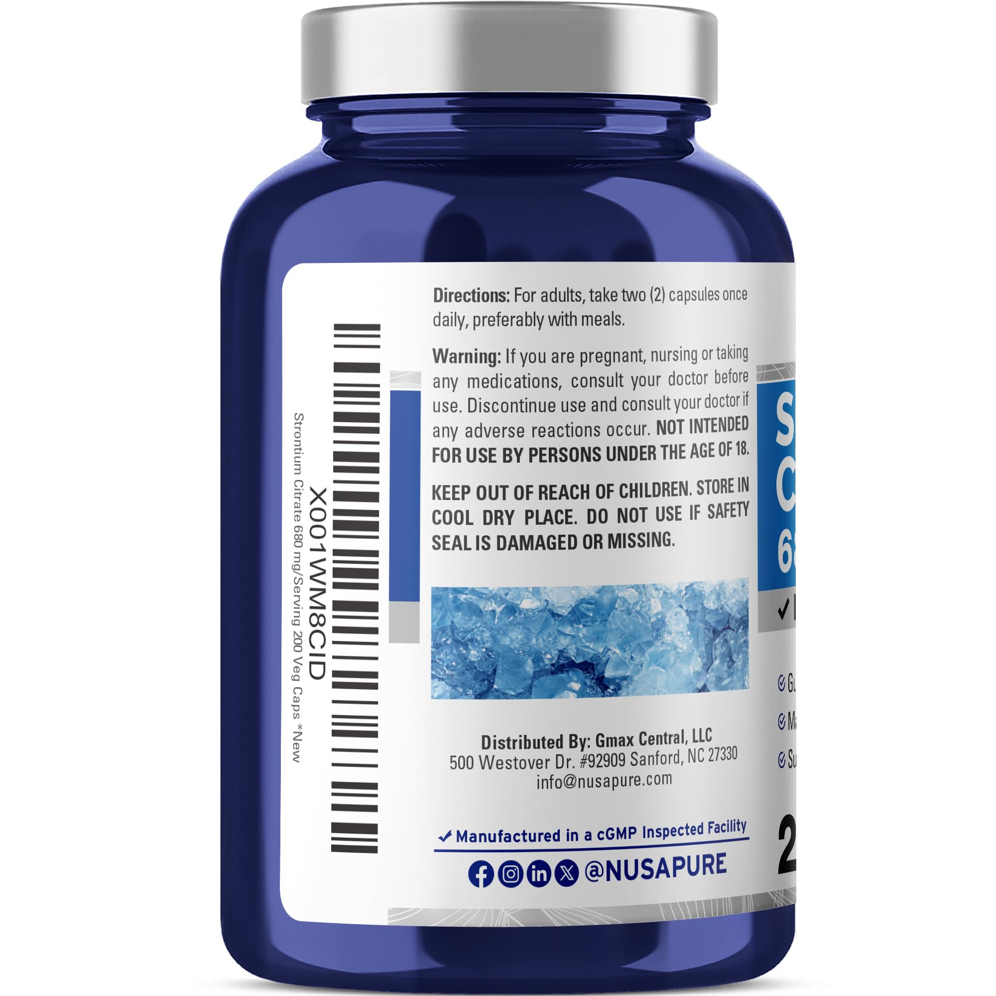 NusaPure Strontium Citrate, cápsulas vegetales y etiqueta legible para verificación de ingredientes