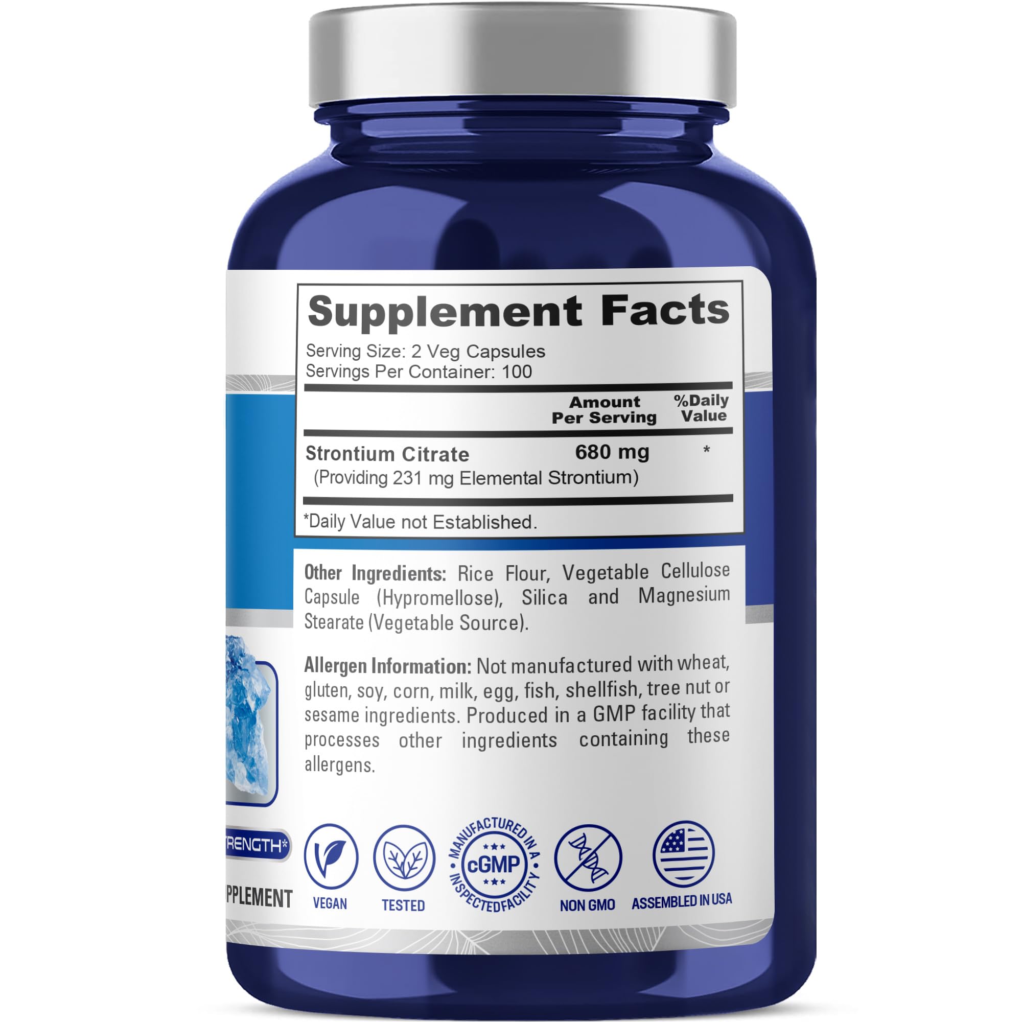 NusaPure Strontium Citrate, frasco con 200 cápsulas, suministro prolongado para tu rutina