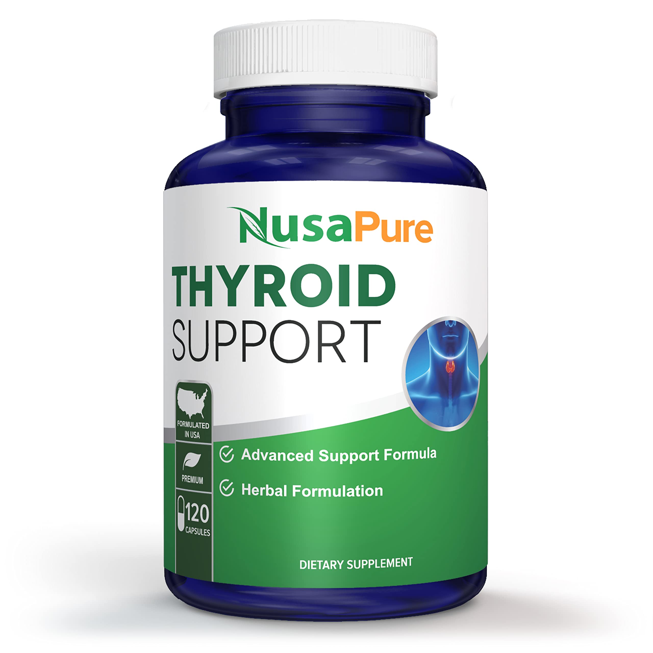 NusaPure Apoyo Tiroideo, botella frontal, formato cómodo para uso diario