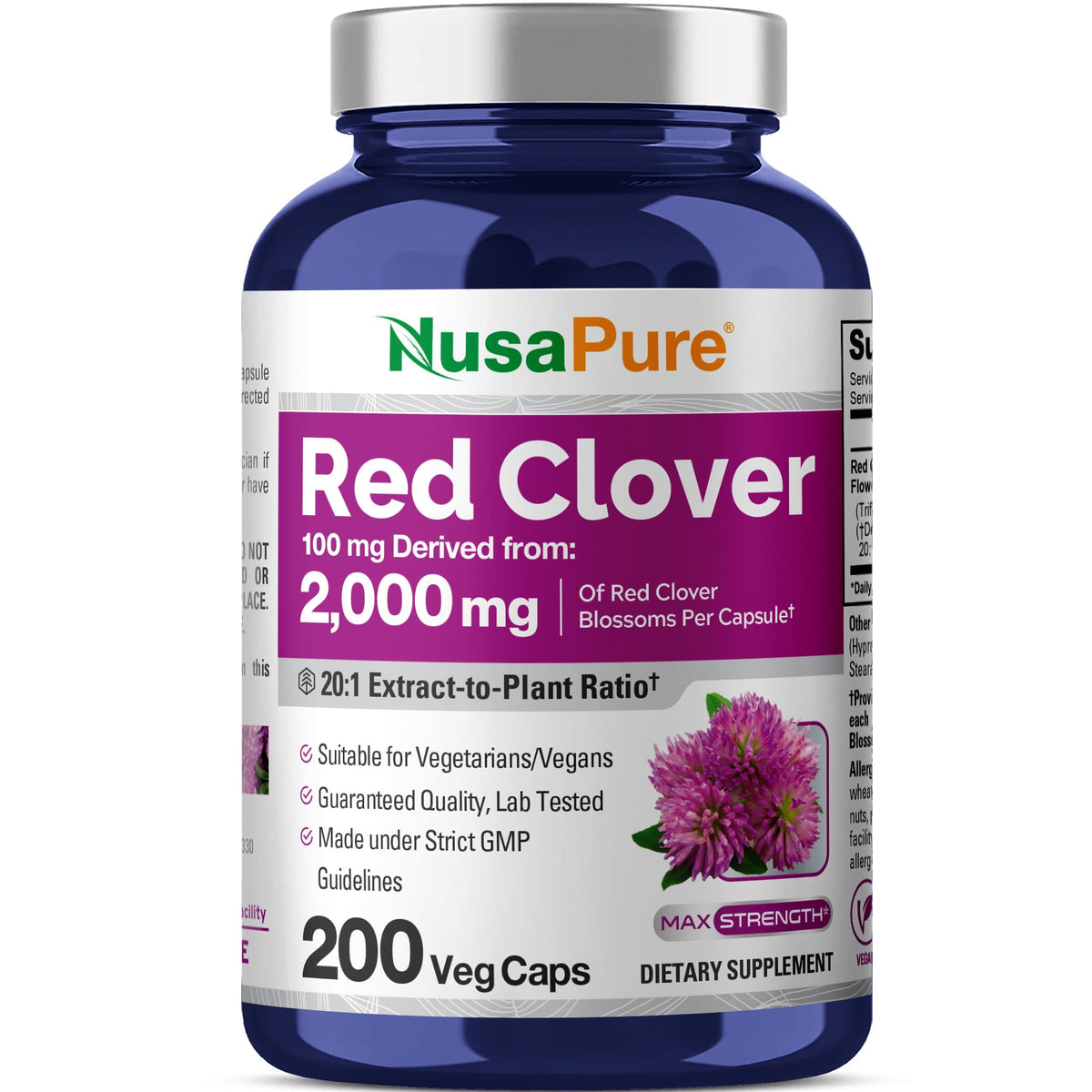 NusaPure trébol rojo extracto 20:1, cápsulas fáciles de tomar para uso diario.