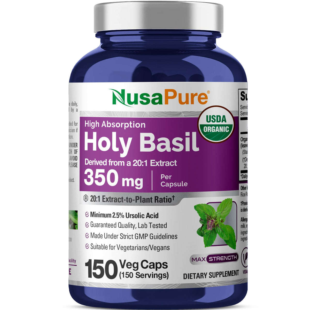 NusaPure Tulsi orgánico, envase de cápsulas para uso diario y práctico