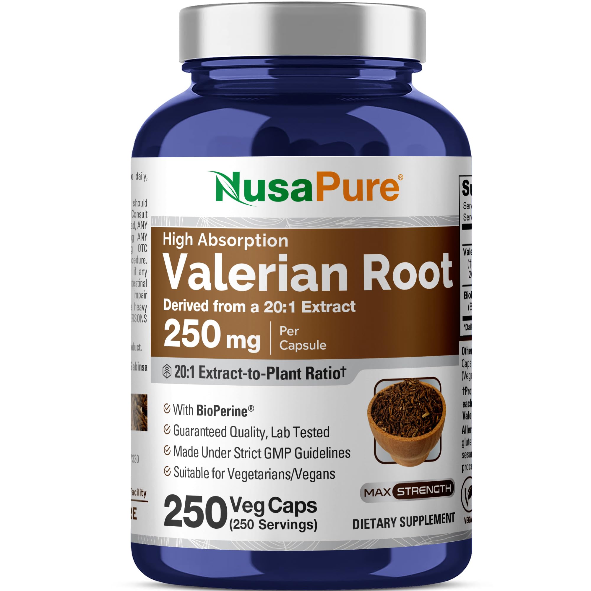 NusaPure Valeriana cápsulas 250 mg, raíz de valeriana, envase de 250 para uso diario.