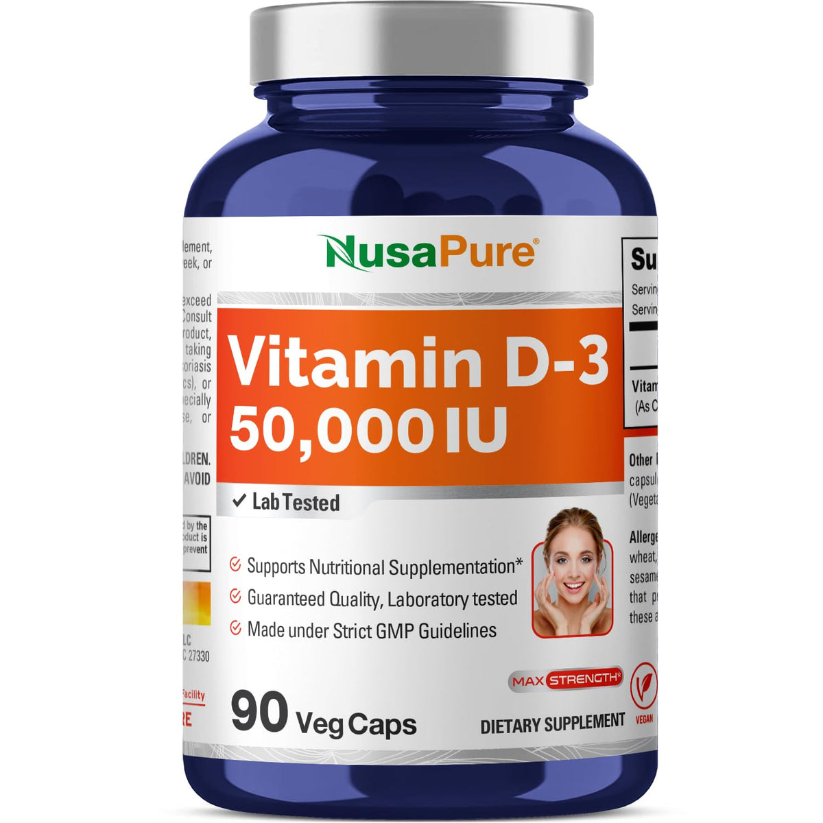 NusaPure Vitamina D3 50,000 UI cápsulas veganas para uso diario.
