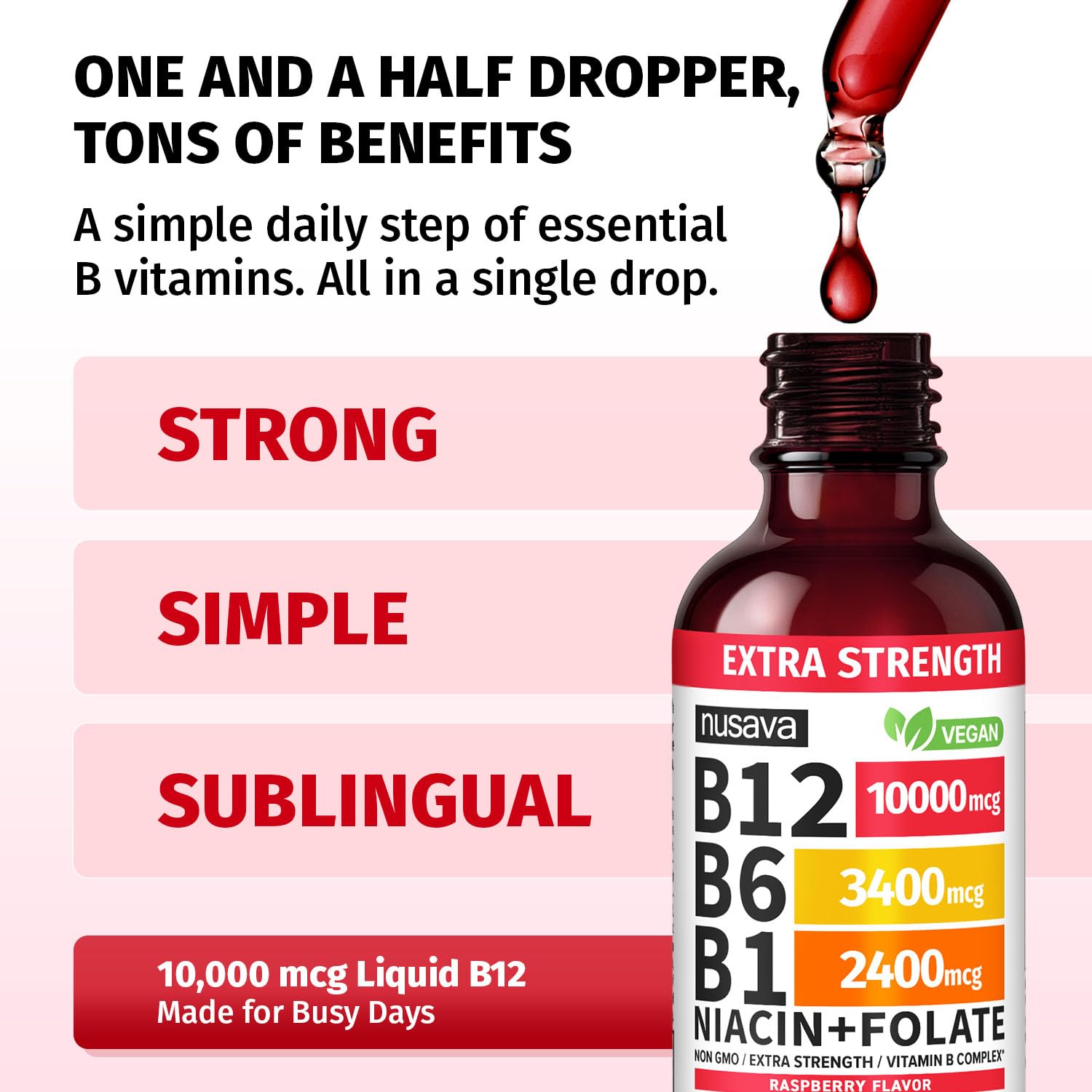 NUSAVA B12 Drops etiqueta frambuesa muestra el sabor y comodidad diaria.