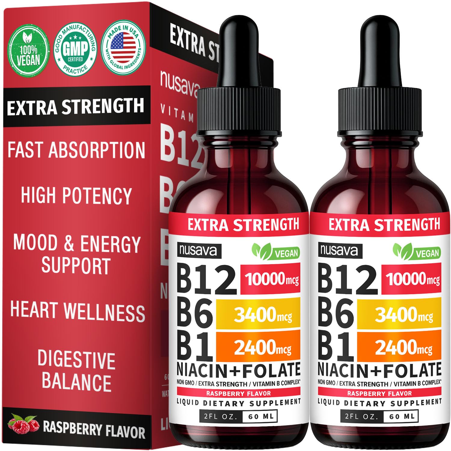 NUSAVA B12 Drops sabor frambuesa en frasco con etiqueta, apoyo de energía diaria.