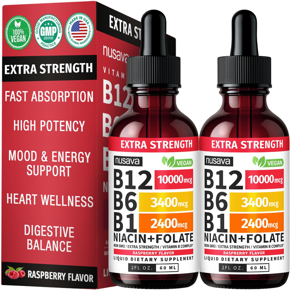 NUSAVA B12 Drops sabor frambuesa en frasco con etiqueta, apoyo de energía diaria.