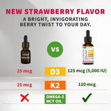 Nusava Gotas D3 K2 líquido con aceite MCT para absorción rápida.