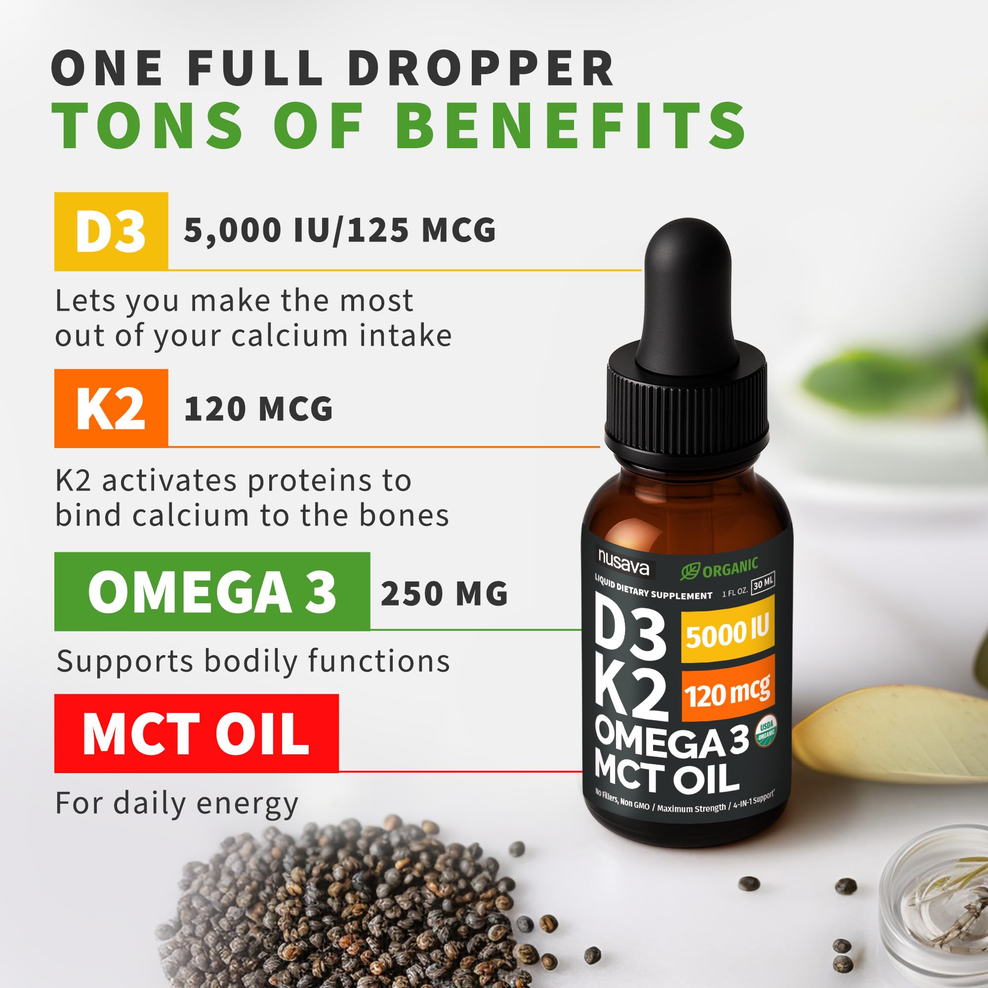 NUSAVA D3K2 Gotas con aceite MCT para mejor absorción.