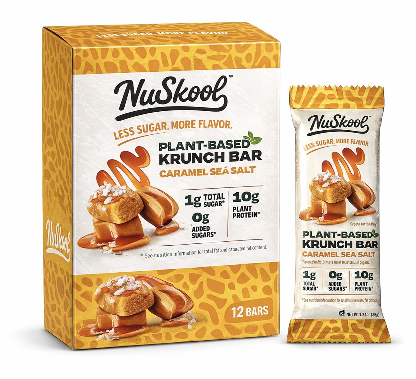 NuSkool Krunch Bar empacado con sabor caramelo y sal marina para snack cetogénico