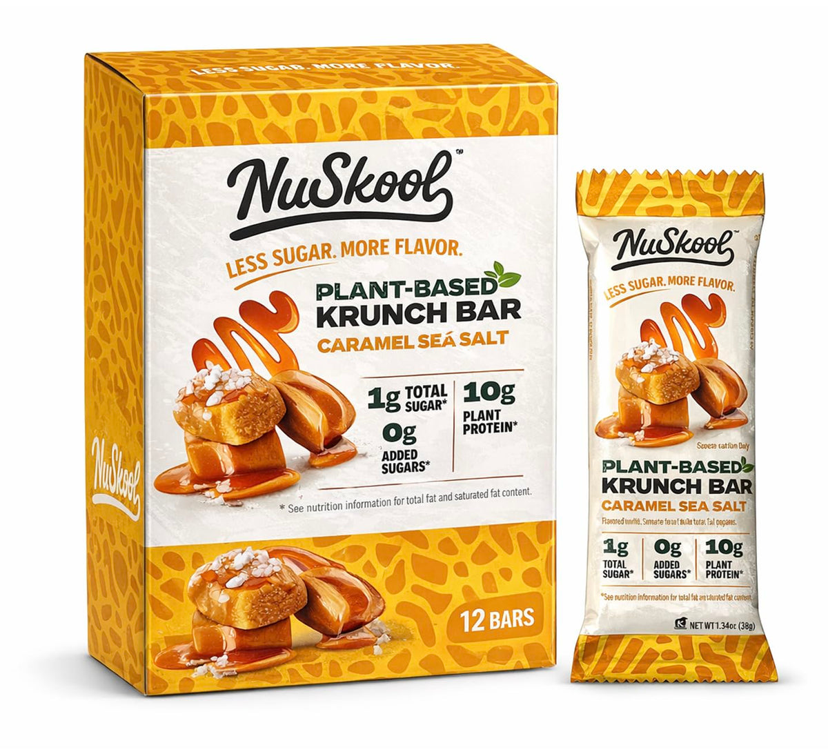 NuSkool Krunch Bar empacado con sabor caramelo y sal marina para snack cetogénico