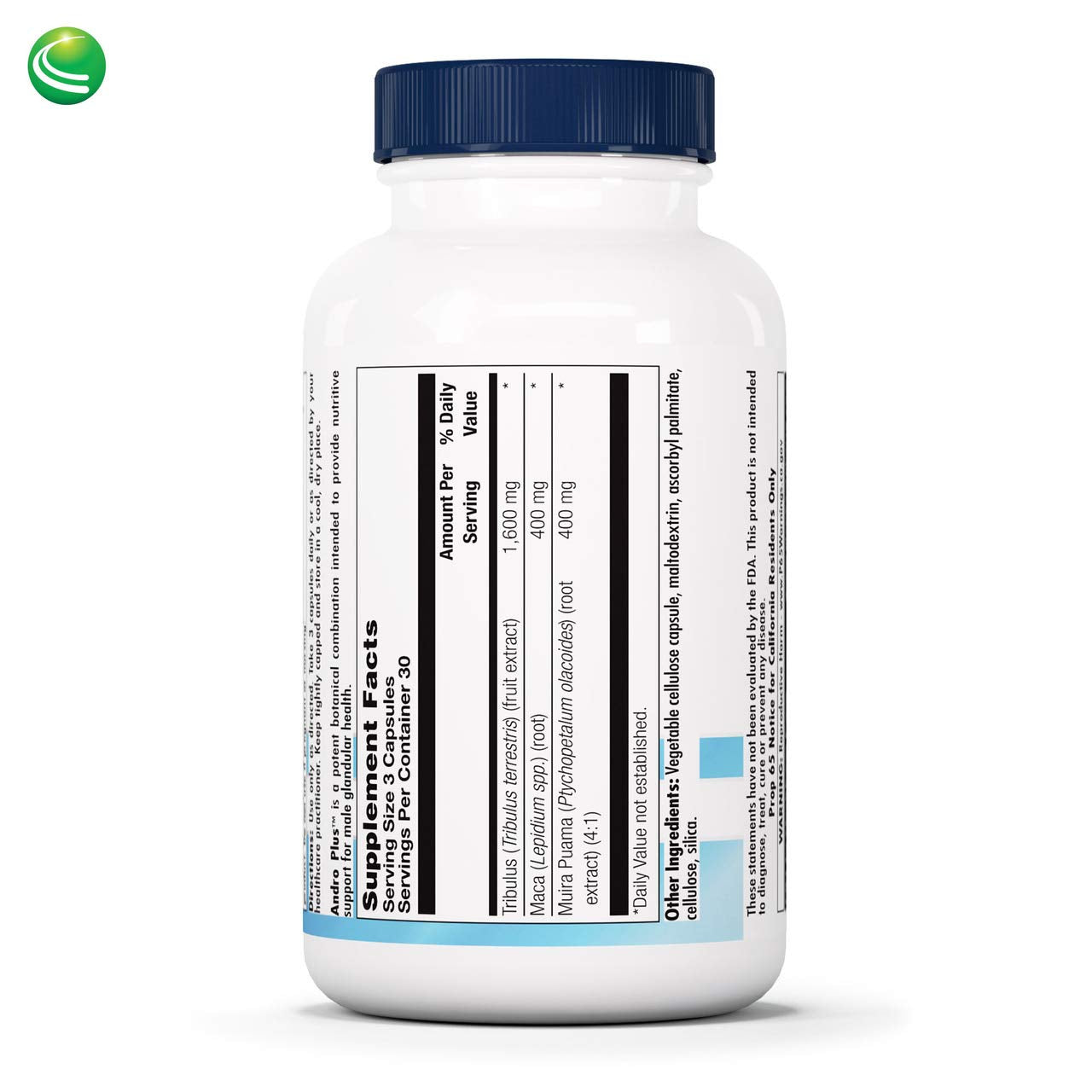 Nutra BioGenesis Andro Plus cápsulas, dosis diaria clara para consumo rutinario.