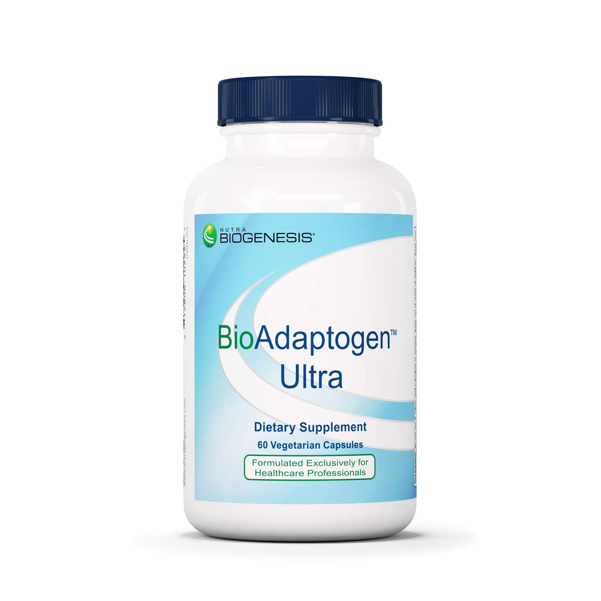 Nutra BioGenesis Bioadaptogen Ultra, botella derramando, apoyo al manejo del estrés.