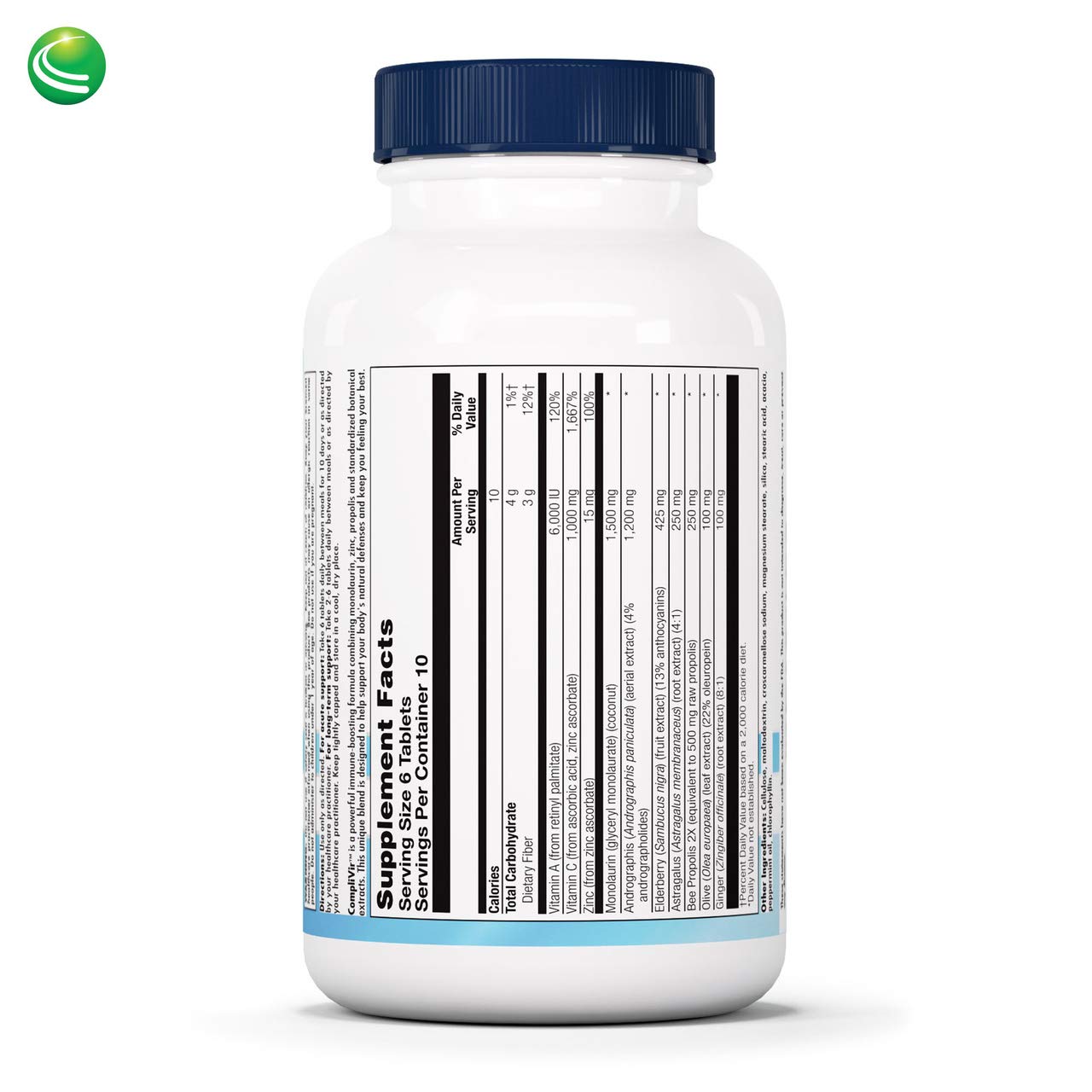 Nutra BioGenesis CompliVir dosis diarias para apoyo inmunitario sostenible.