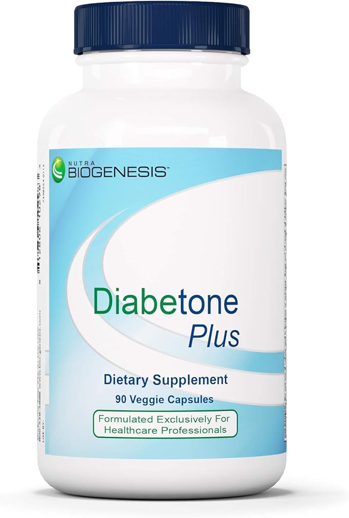 Nutra BioGenesis Diabetone Plus: botella de cápsulas para apoyo metabólico diario.