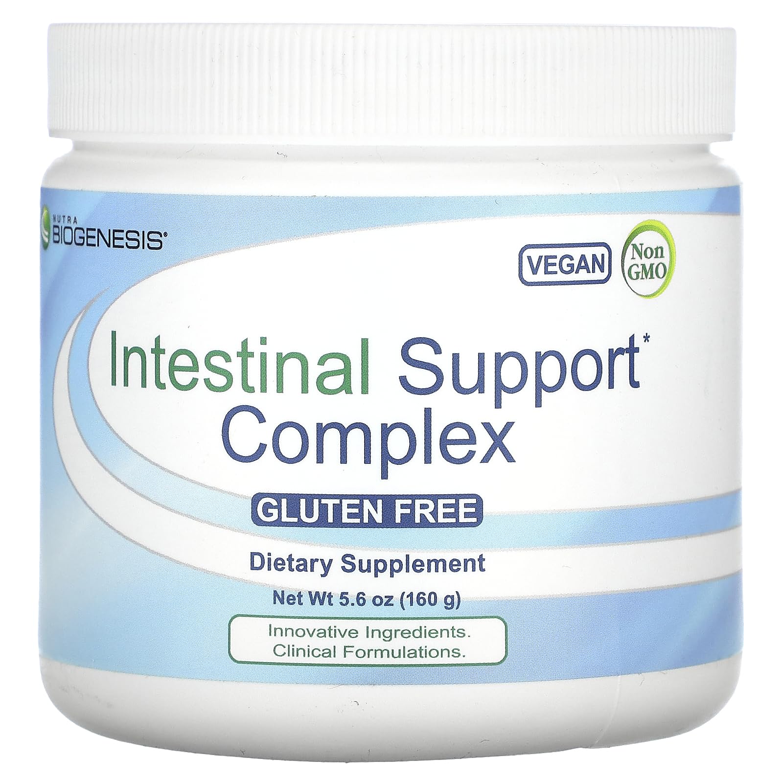 Nutra BioGenesis envase de polvo mostrando el complejo intestinal para apoyo digestivo diario.