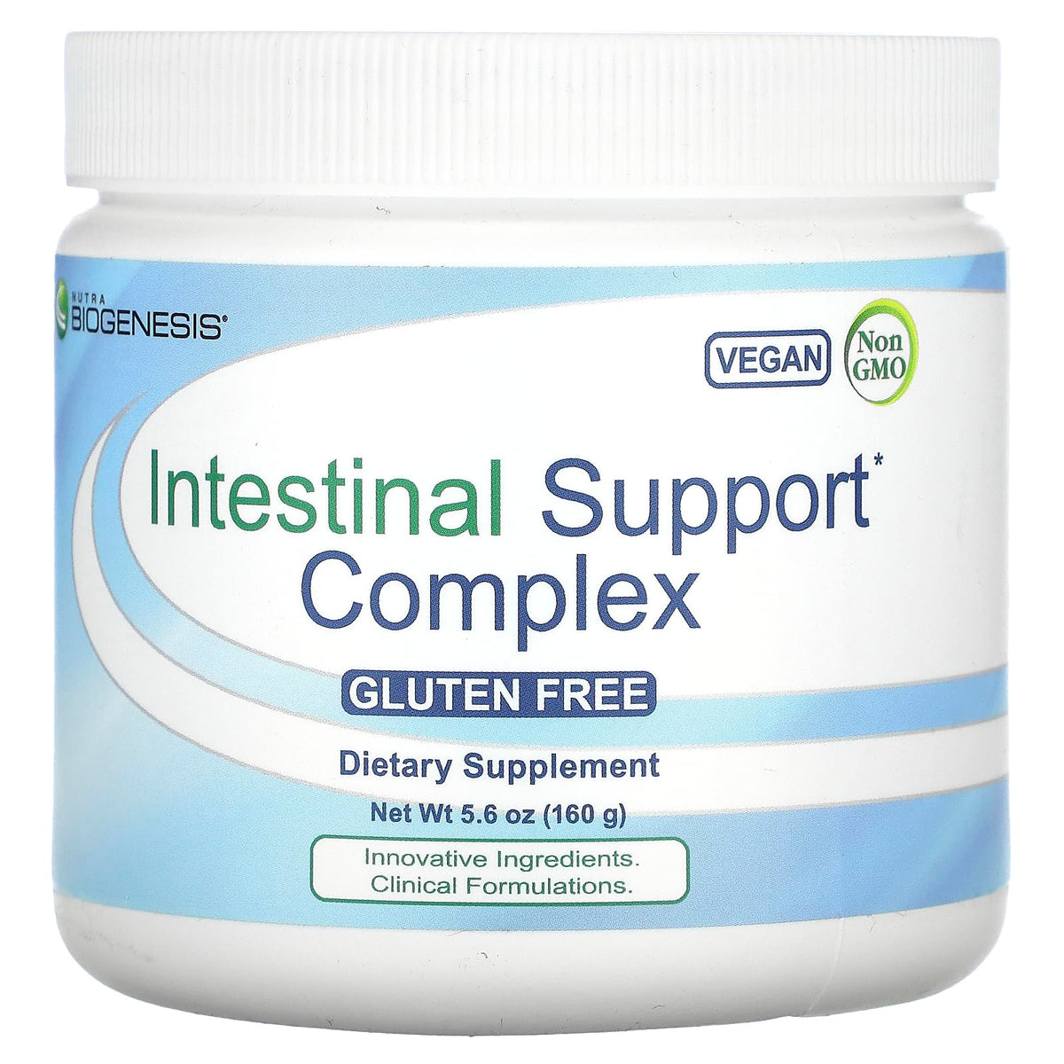 Nutra BioGenesis envase de polvo mostrando el complejo intestinal para apoyo digestivo diario.