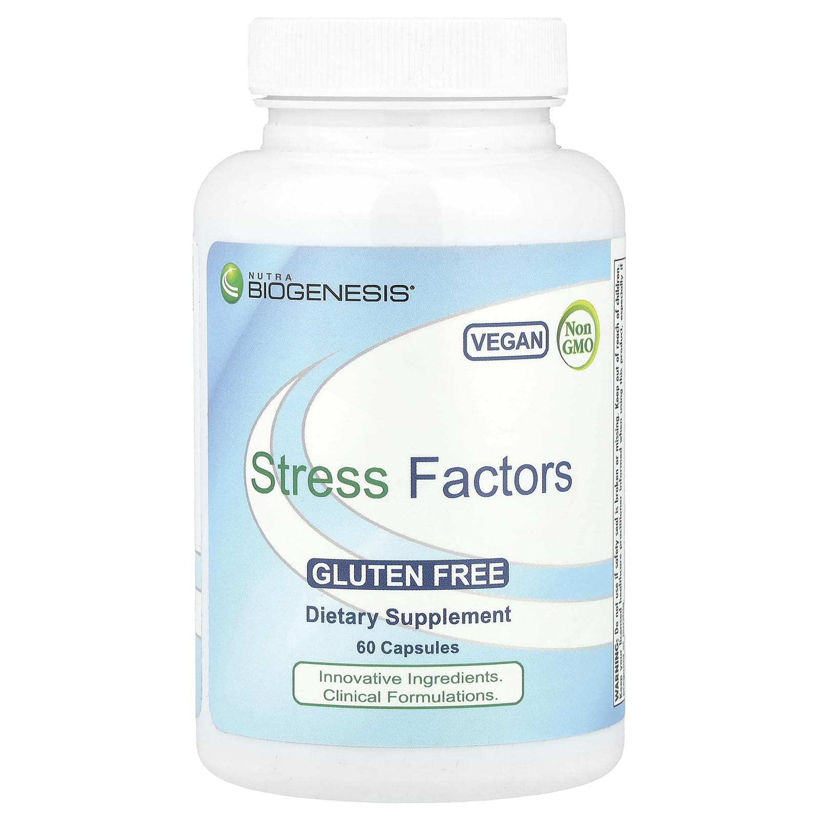 Nutra BioGenesis Stress Factors: botella de cápsulas para relajación diaria y manejo del estrés.