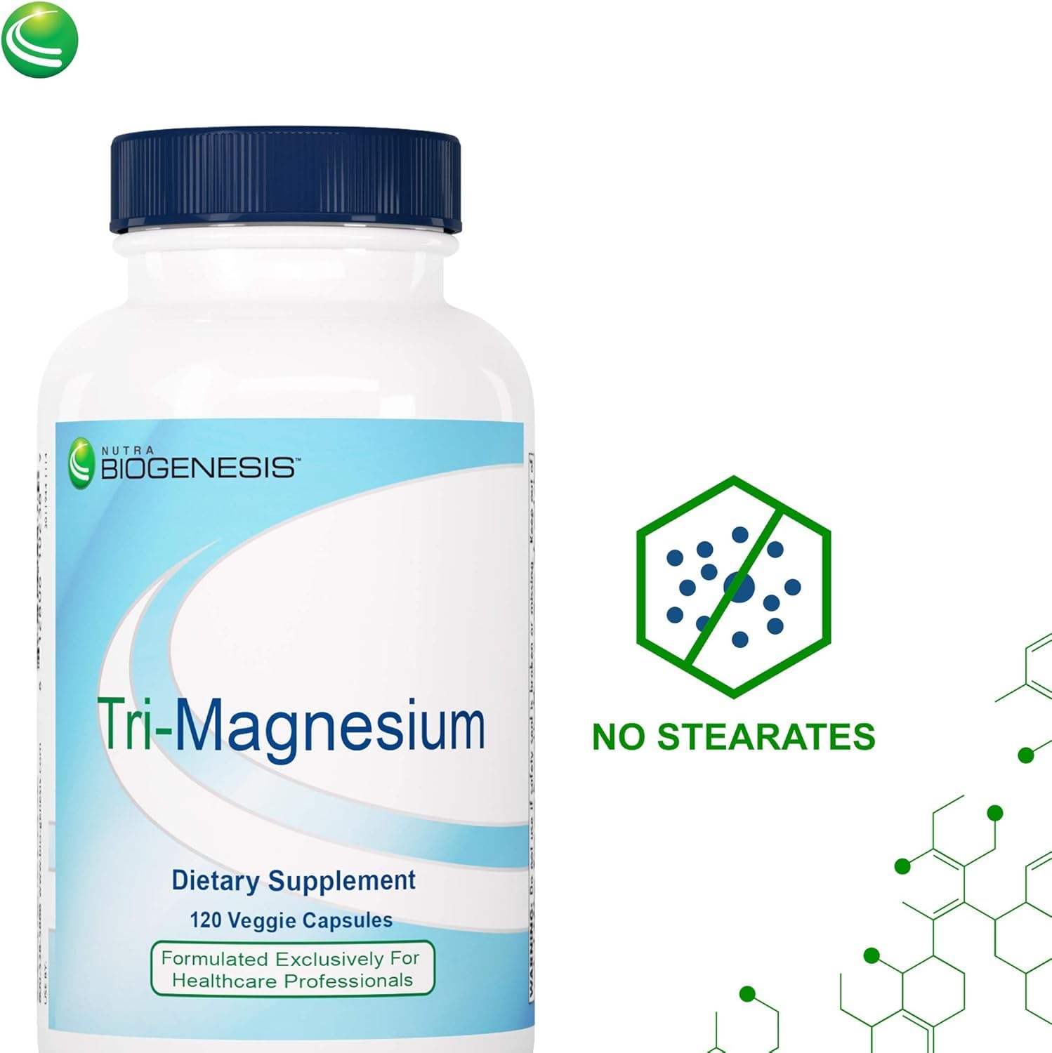 Nutra BioGenesis Tri-Magnesium, muestra las tres formas de magnesio disponibles.