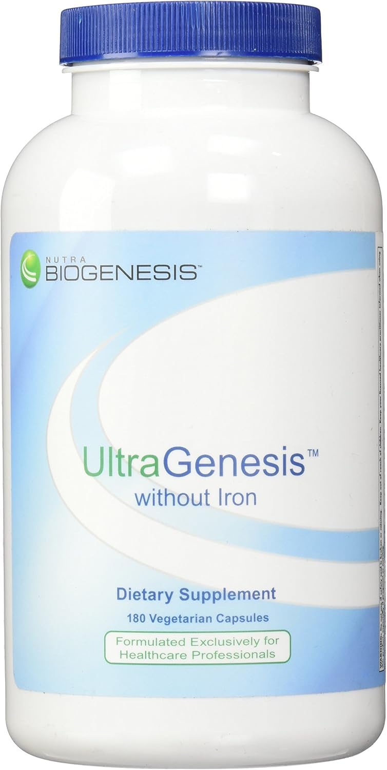 Nutra BioGenesis UltraGenesis: botella frontal mostrando multivitamínico sin hierro para hombres y mujeres