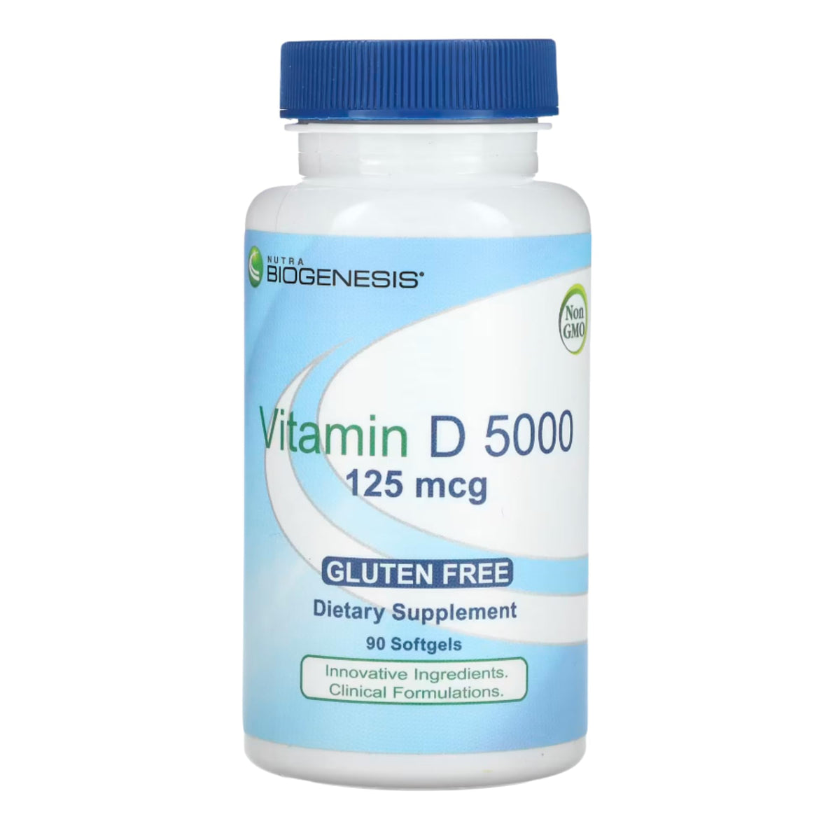 Nutra BioGenesis Vitamina D3 5000 UI — botella frontal para soporte diario de huesos