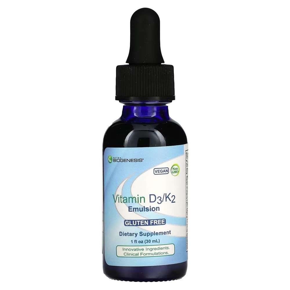 Nutra BioGenesis Vitamina D3-K2 emulsion con gotas sublinguales para soporte óseo y bienestar diario.