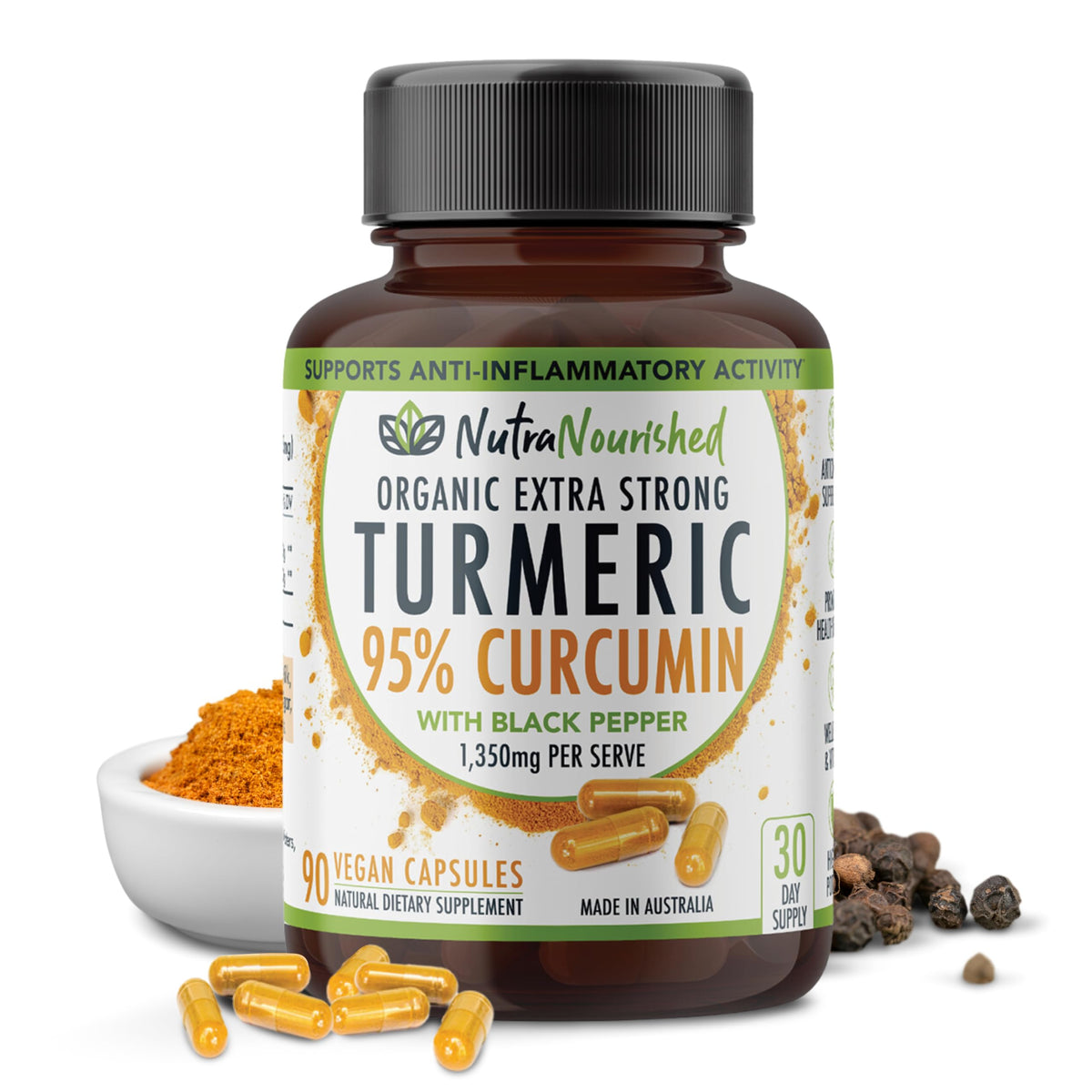 Nutra Nourished Curcumina Orgánica 90 cápsulas en botella para uso diario.