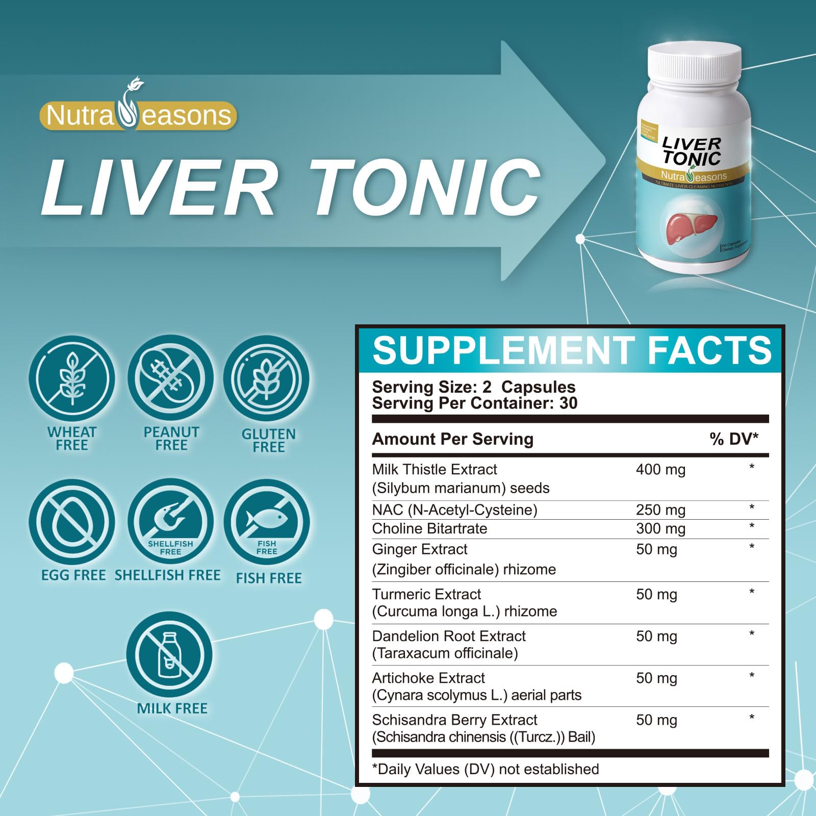 Nutra Seasons Liver Tonic: etiqueta clara con ingredientes clave