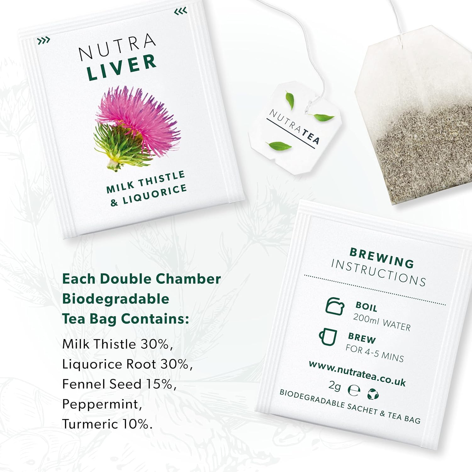 Nutra Tea Nutraliver cardo mariano, ingrediente clave con sabor herbal.