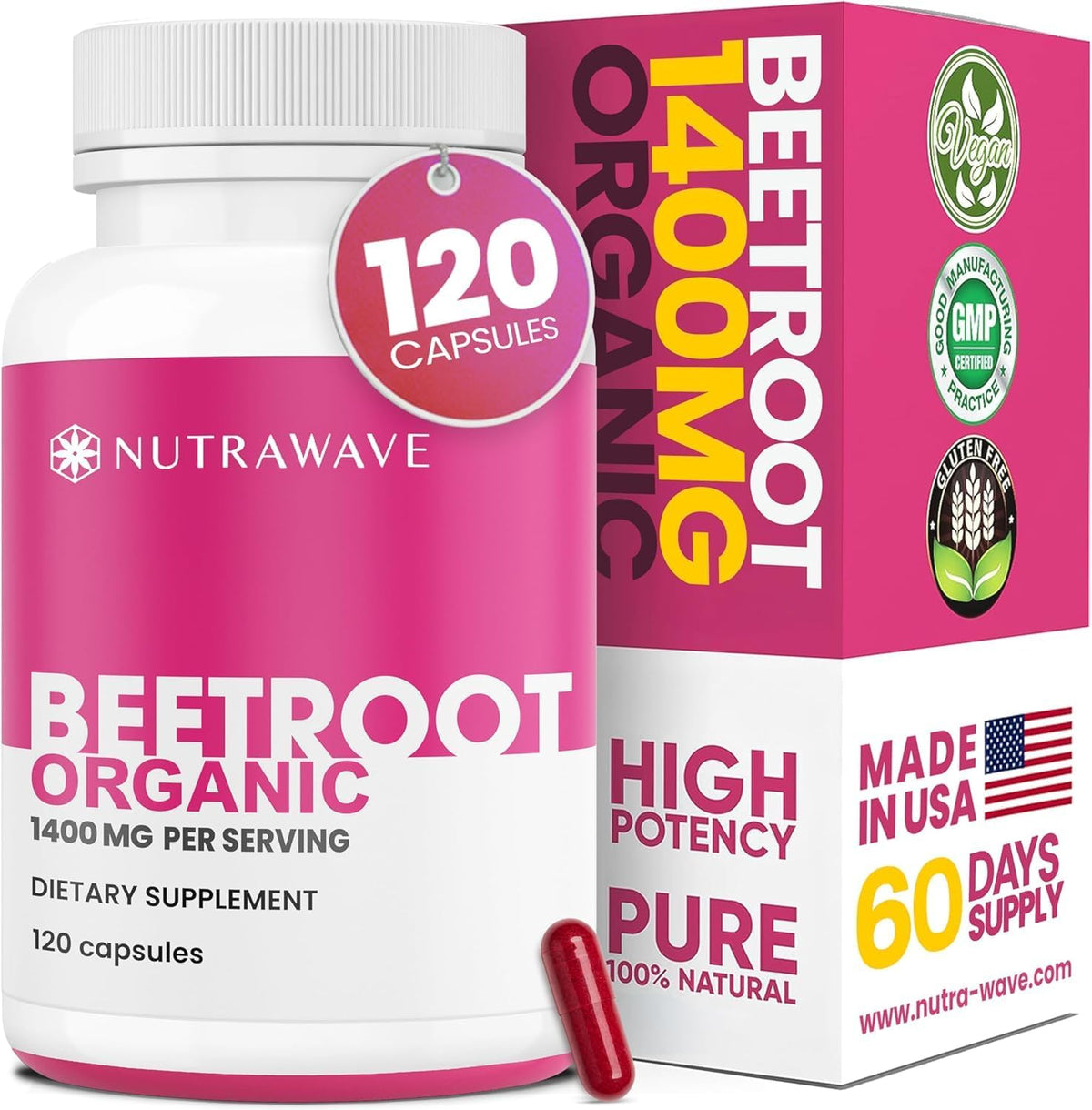 Nutra Wave Remolacha Orgánica: cápsulas de 1400 mg listas para la rutina diaria.