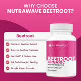 Nutra Wave: cápsulas de remolacha orgánica en la mano para comparar tamaño.