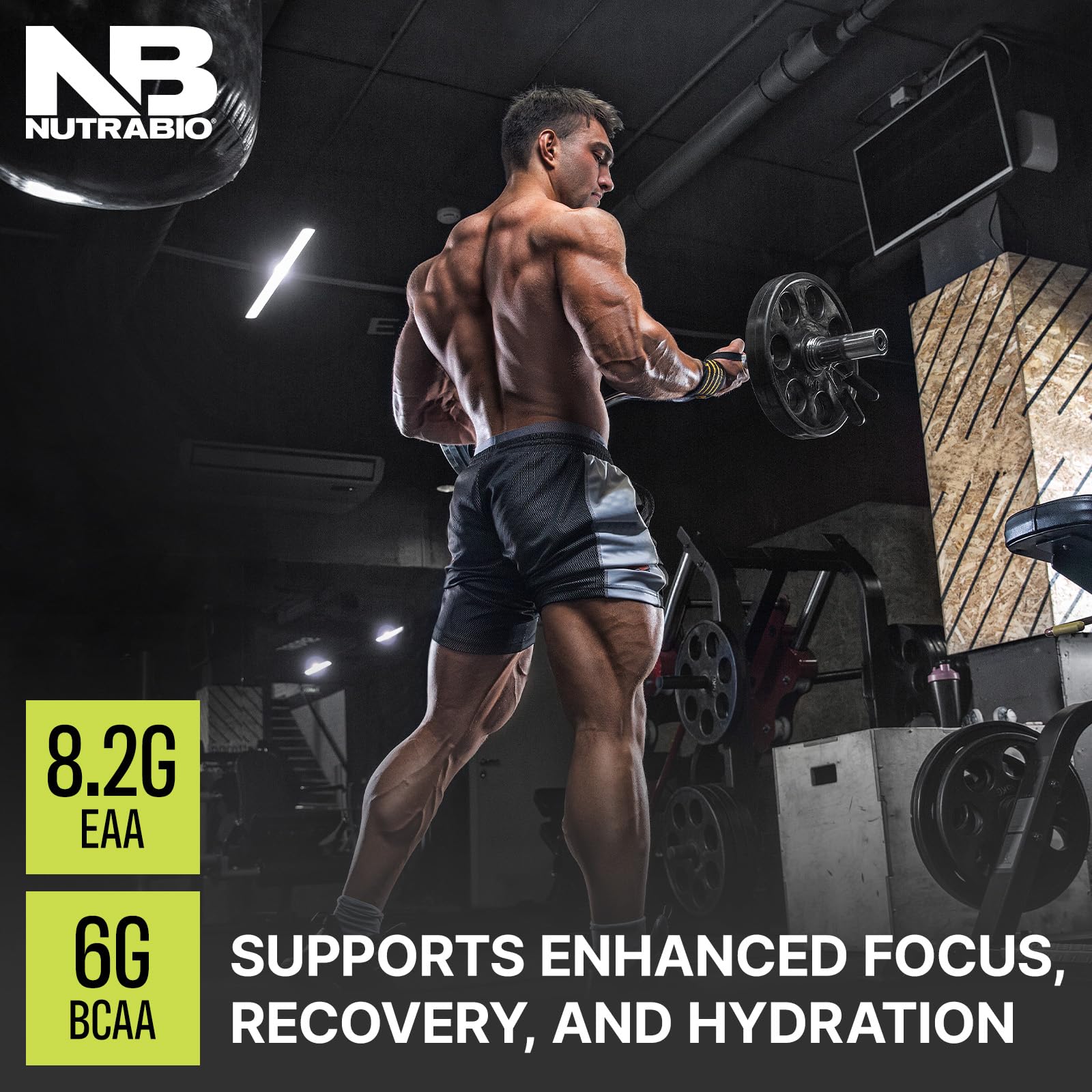NutraBio Alpha EAA, etiqueta clara que resalta ingredientes y beneficios.