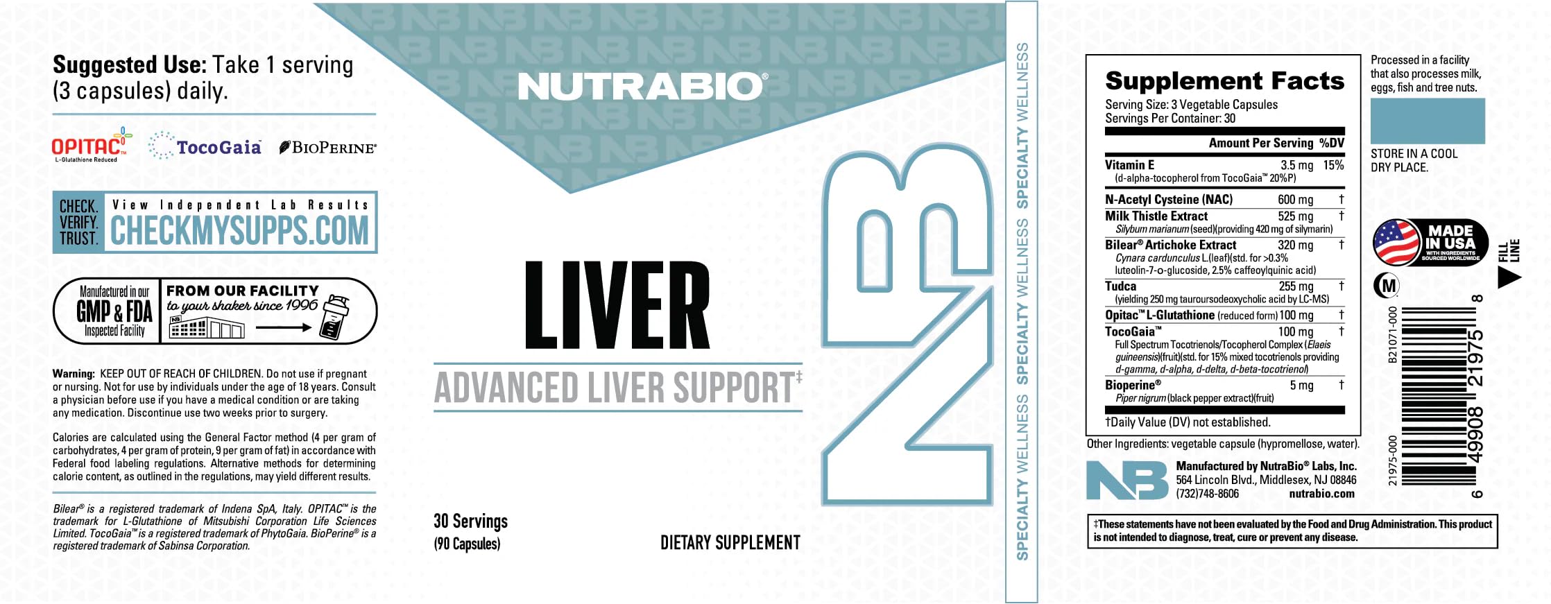 NutraBio Apoyo Hepático Avanzado NAC en diagrama destacando detox