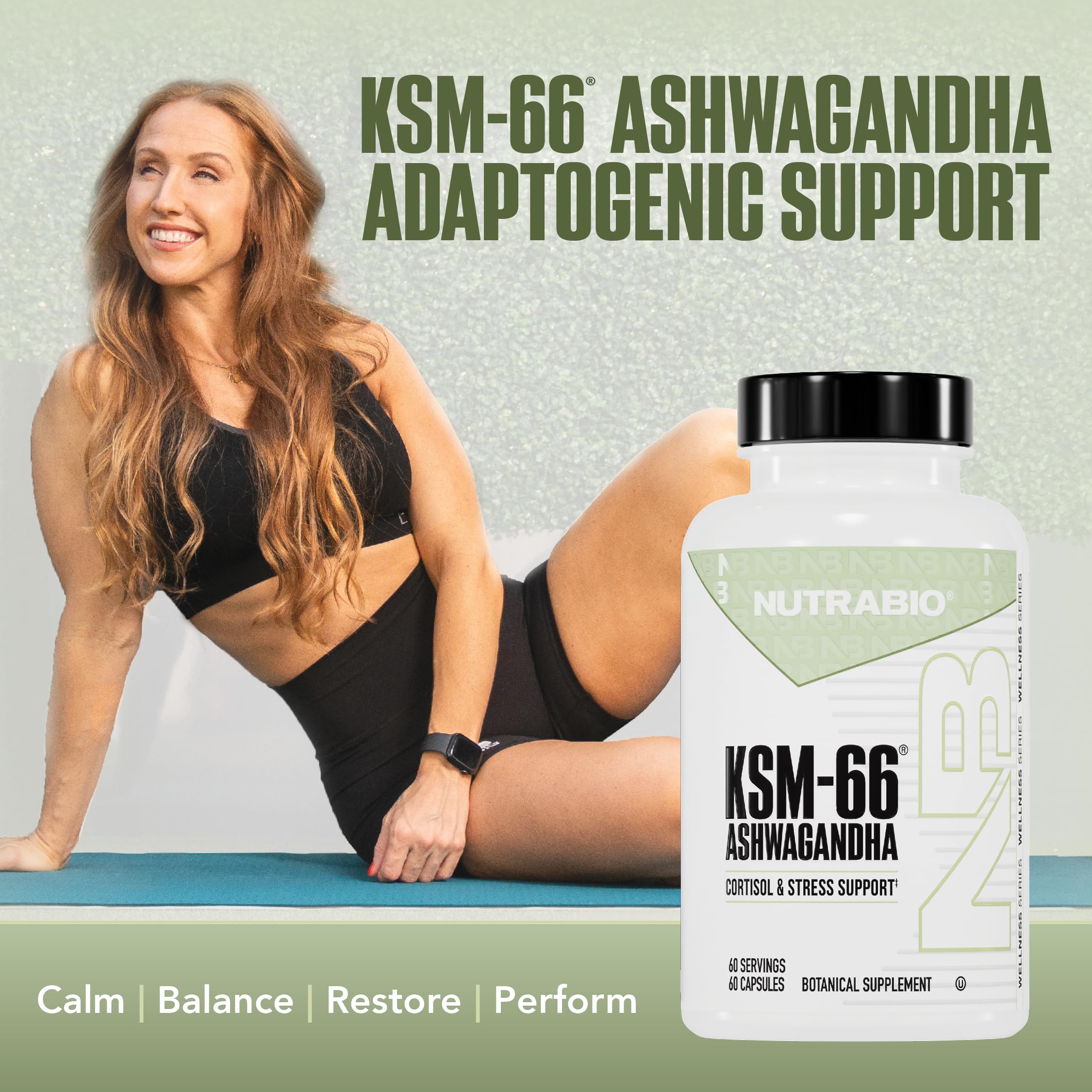 NutraBio Ashwagandha KSM-66 botella de vidrio inspira confianza.